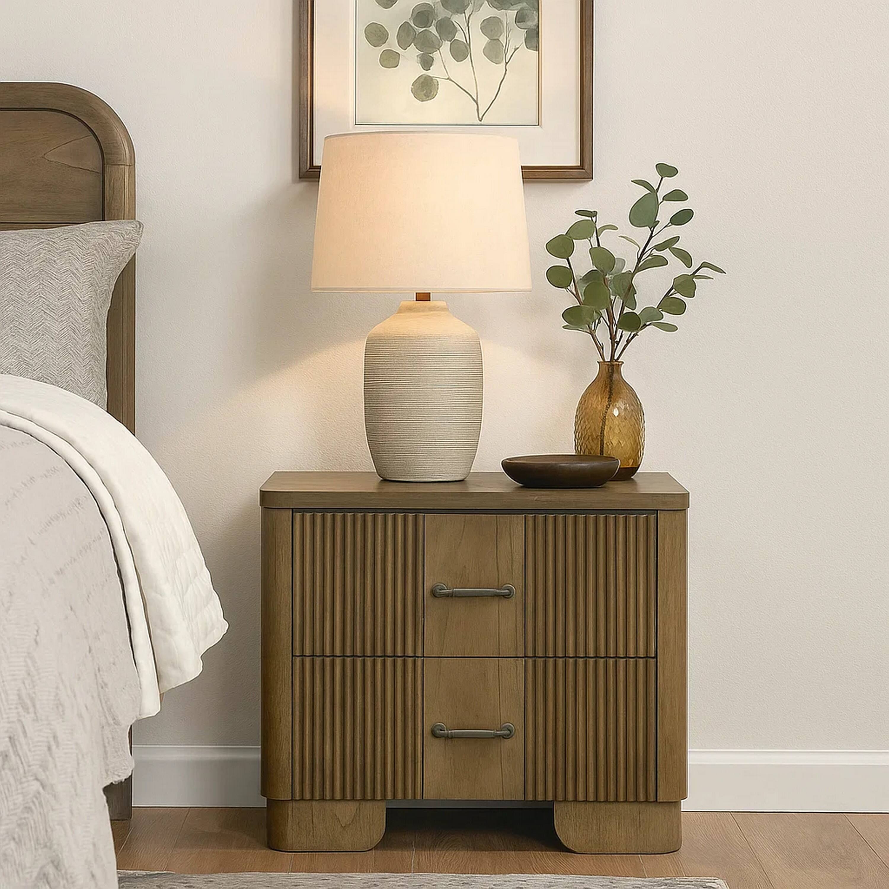 Alt View 2. Manhattan Lane - Leky Nightstand, 2 Reeded Drawers, Rounded Corners - Antique Oak Brown.