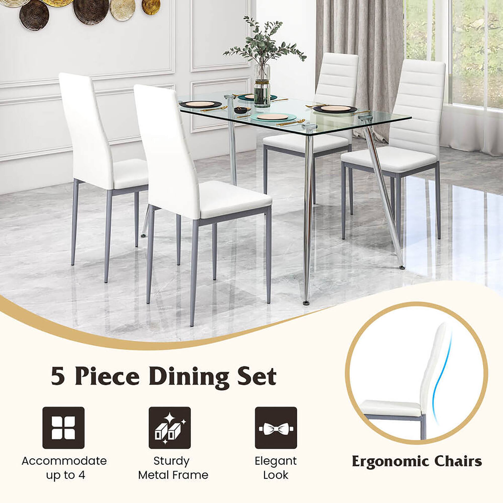 5 Piece Dining Set

- Accommodate up to 4
- Sturdy Metal Frame
- Elegant Look
- Ergonomic Chairs