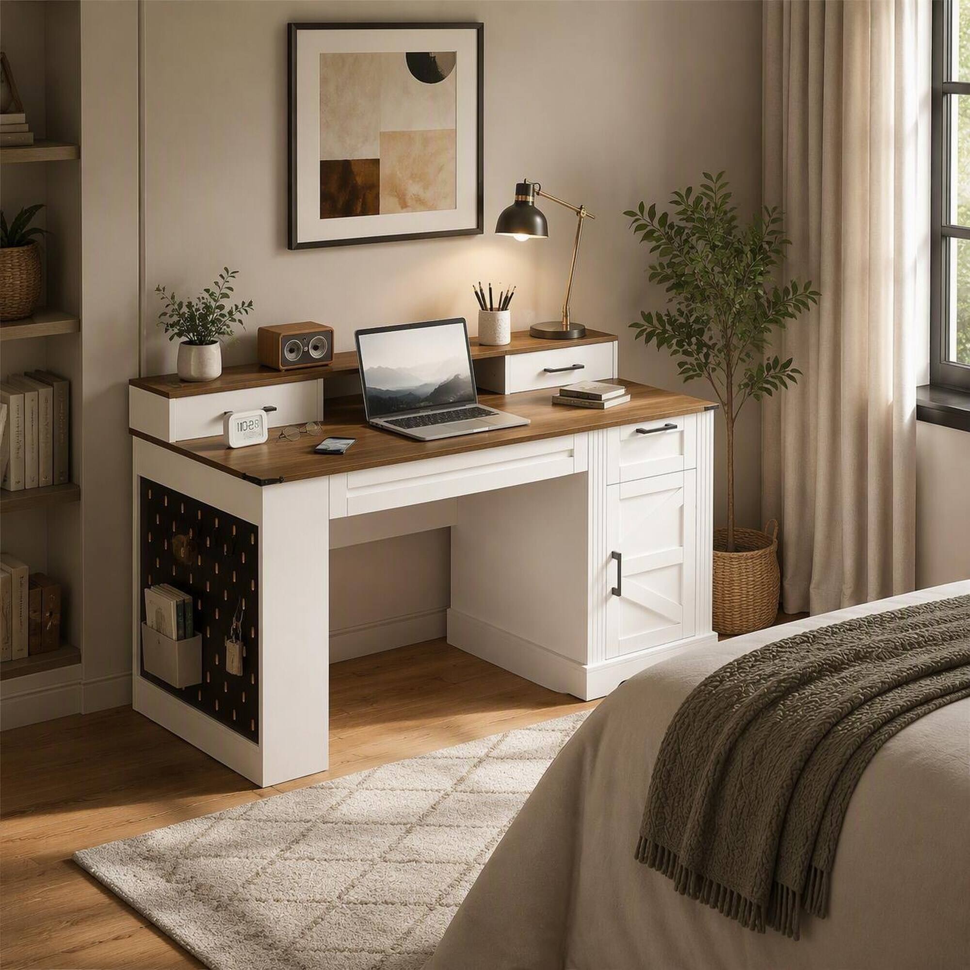 Left. RYHNUYNE - 55.12 in Farmhouse Office Desk, MDF White Computer Writing Desk with Storage Cabinet, Charging Station, Keyboard Tray - White.