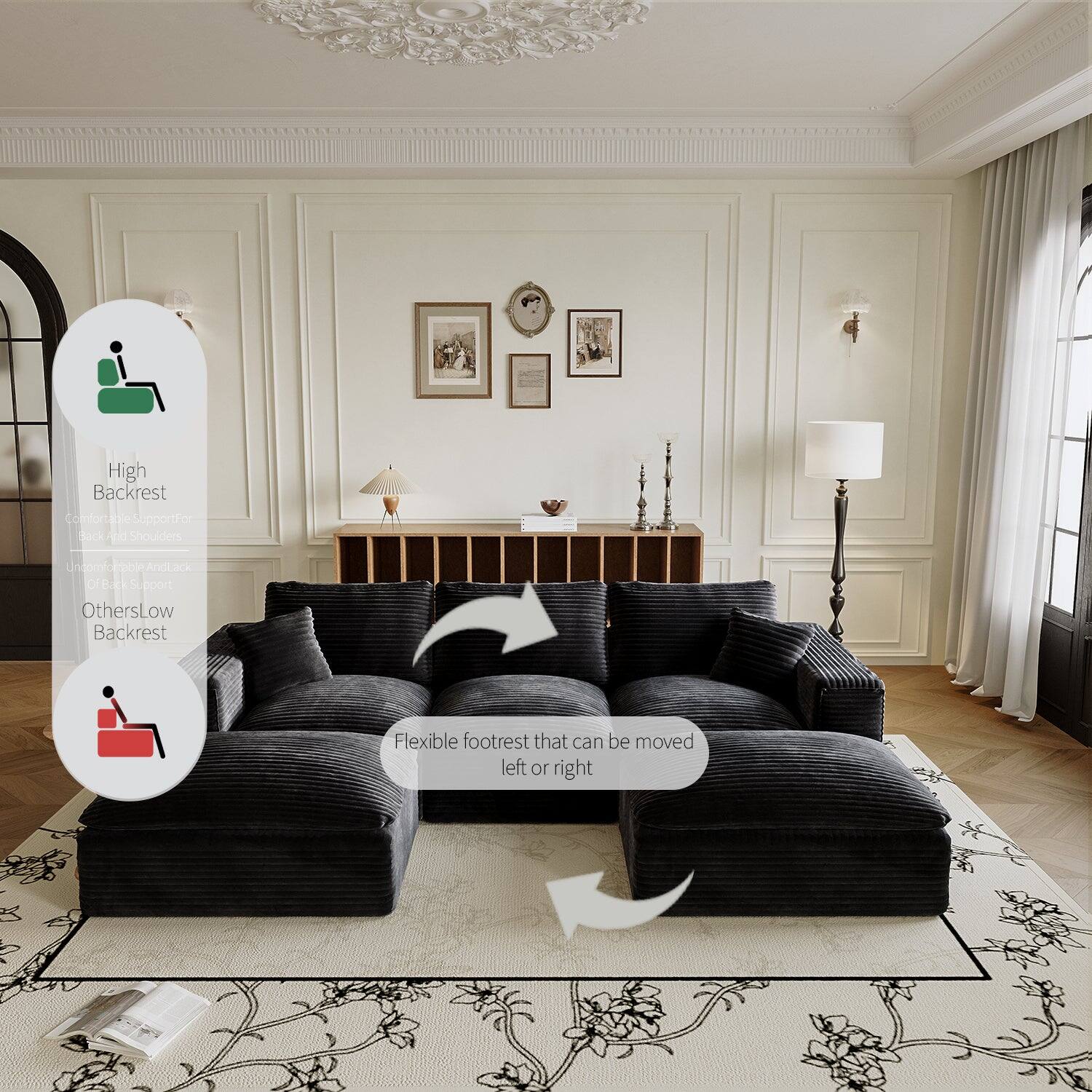 High Backrest  
Comfortable Support for Back and Shoulders  

Others Low Backrest  

Flexible footrest that can be moved left or right