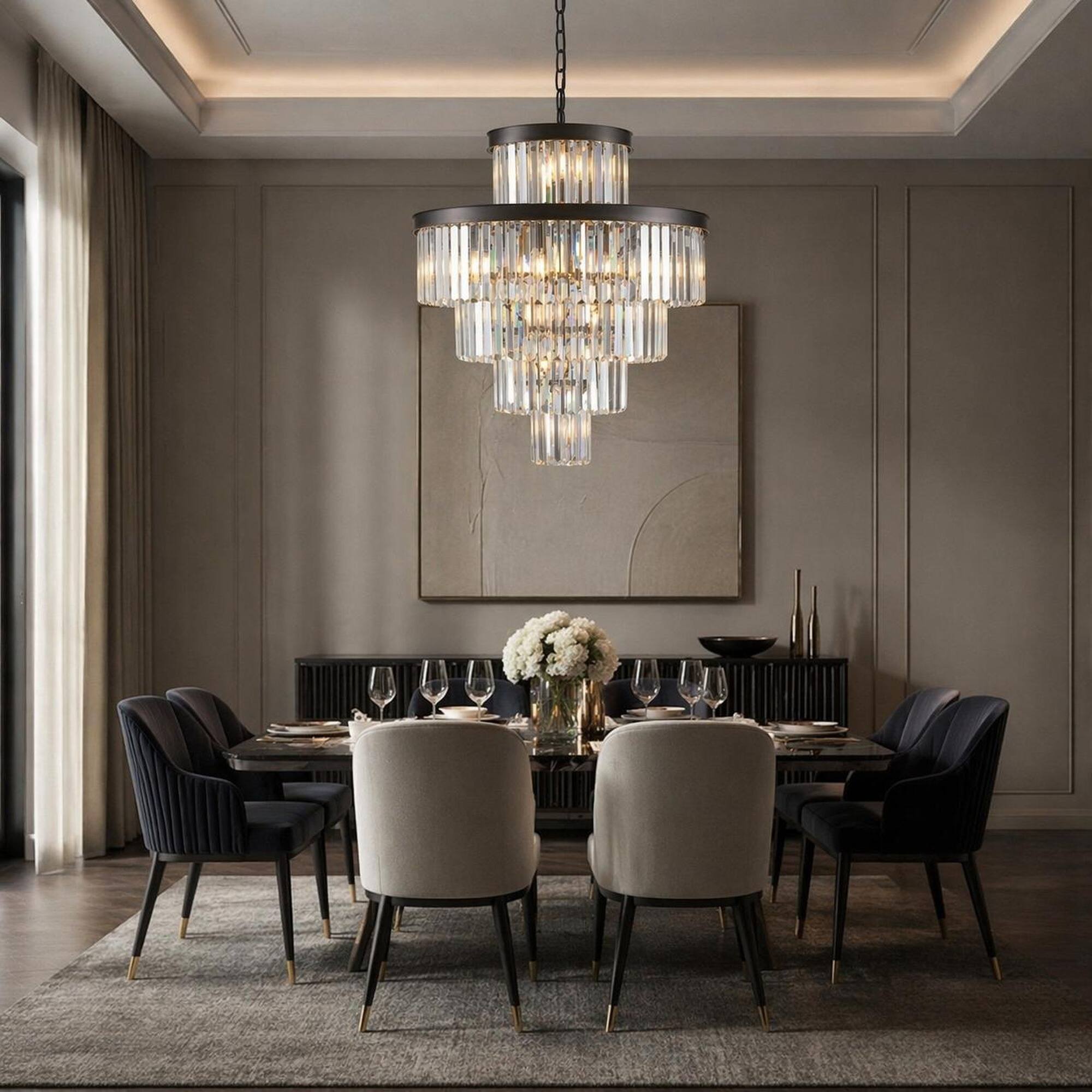 Back. RYHNUYNE - 24-Inch Black Finish Luxury Crystal Chandelier, 15-Light 5-Tier Pendant, K9 Crystal Prisms for Living Room, Dining Room.