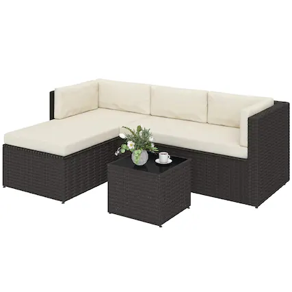 Front. Outsunny - Piece Patio Furniture Set, Wicker Outdoor Patio Conversation Furniture Set with Cushions - Beige.