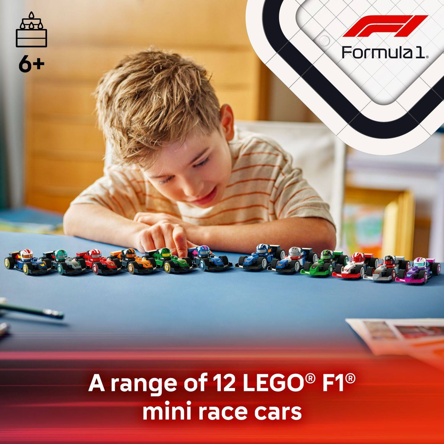 A range of 12 LEGO F1 mini race cars.
