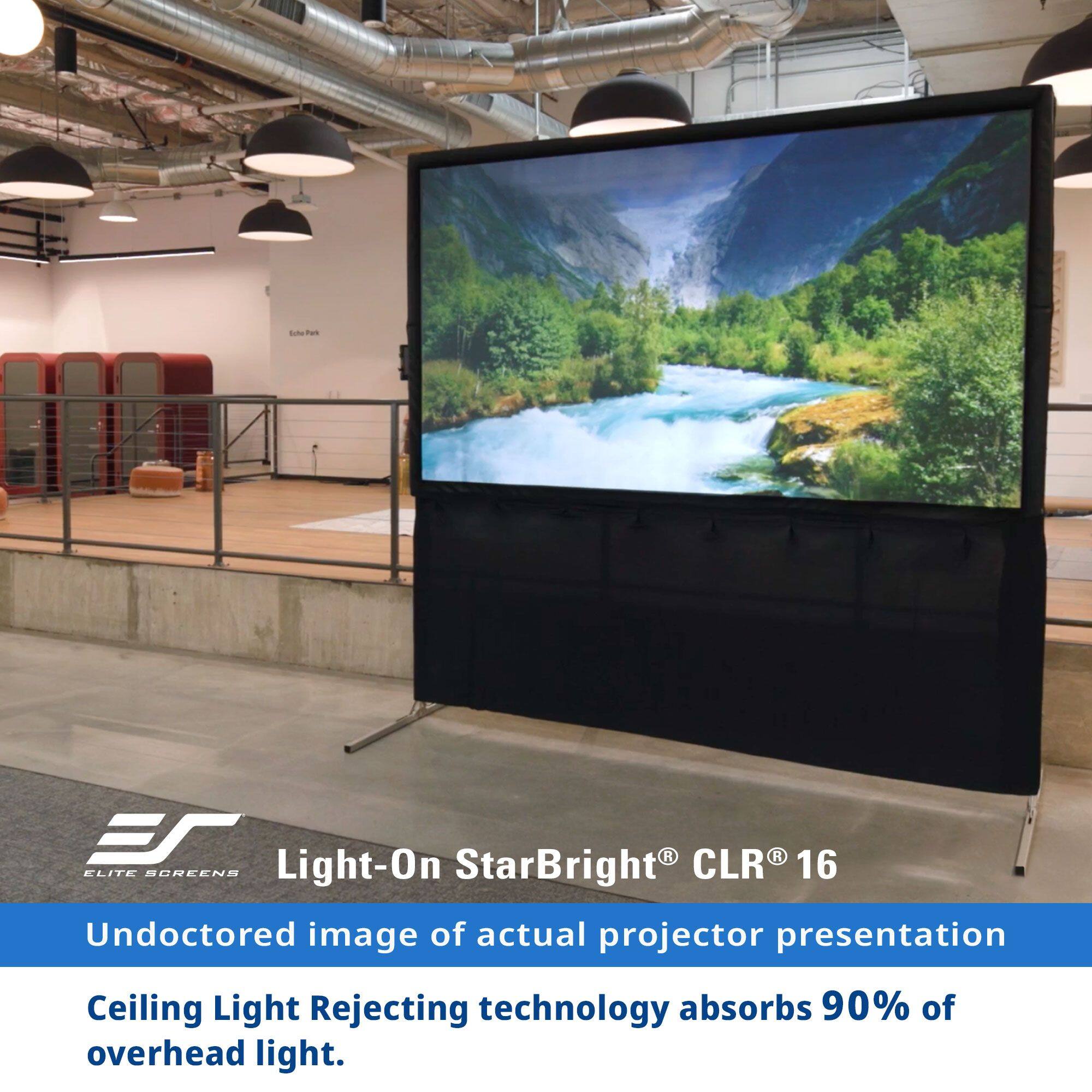 Sure, here is the corrected and grouped text:

---

**Elite Screens**

**Light-On StarBright® CLR® 16**

Undoctored image of actual projector presentation

Ceiling Light Rejecting technology absorbs 90% of overhead light.

---