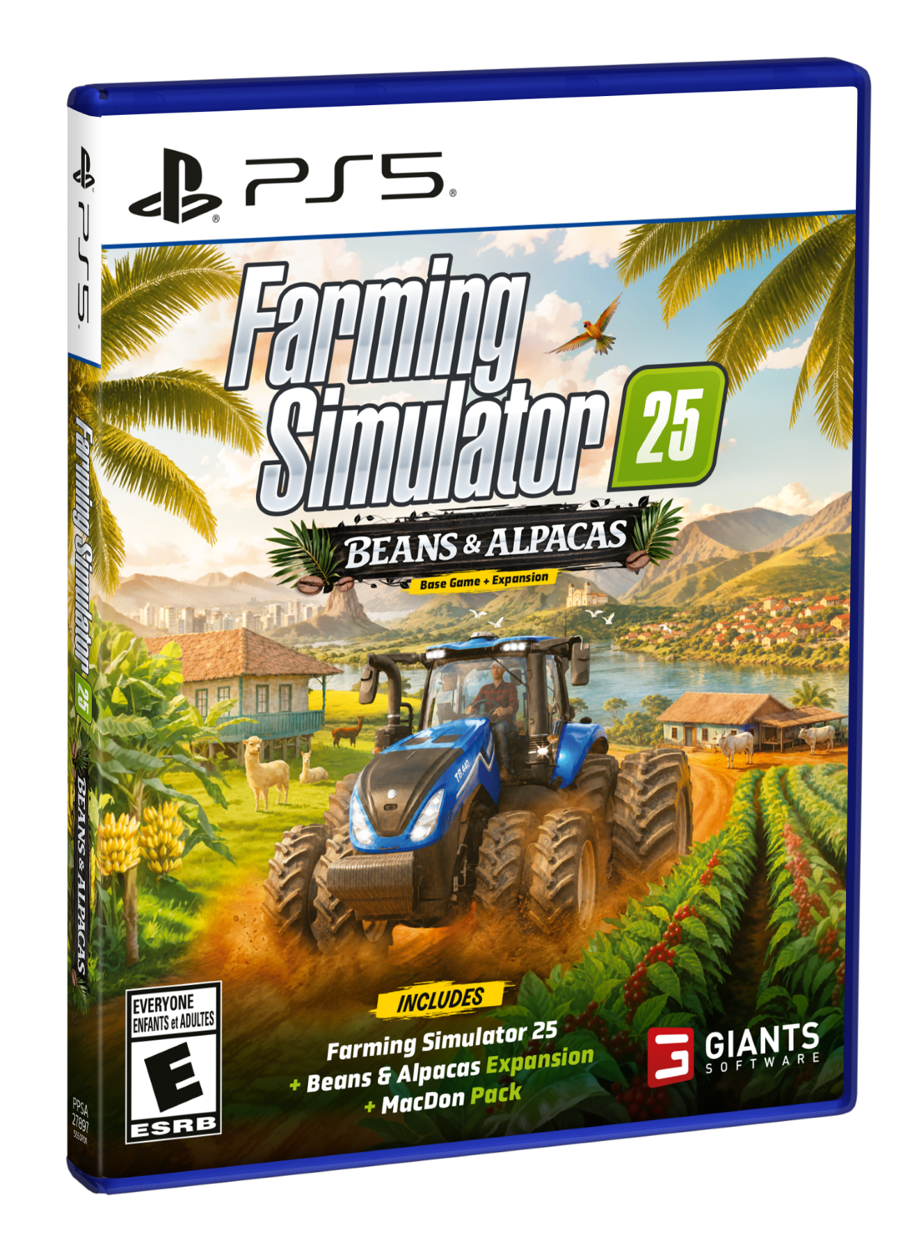 PS5  
Farming Simulator 25  
Beans & Alpacas  
Base Game + Expansion  
Everyone Includes Enfants et Adultes  
Farming Simulator 25  
Beans & Alpacas  
MacDon Pack  
GIANTS SOFTWARE  
ESRB E
