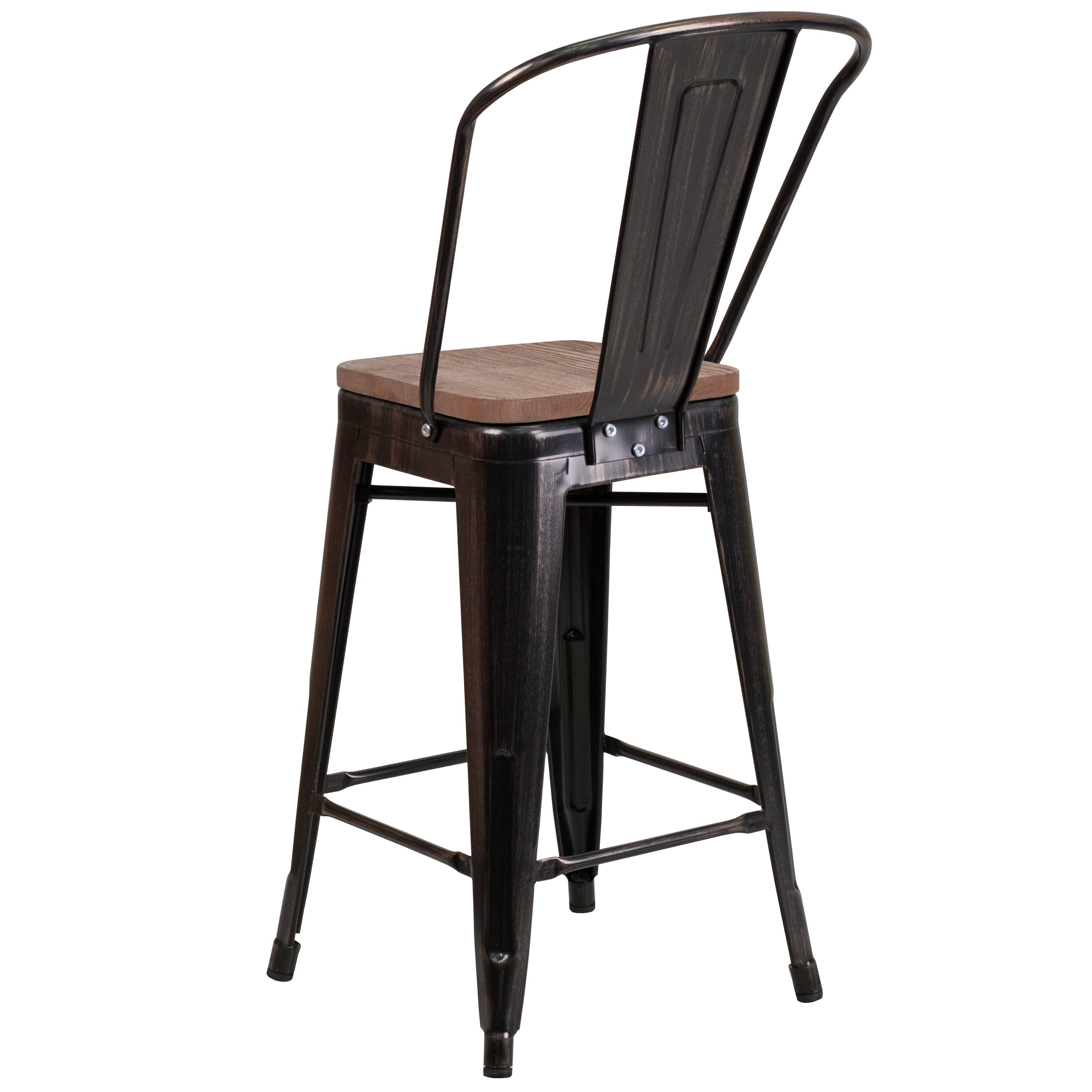 Alt View 5. Emma + Oliver - 24"H Metal Counter Height Stool with Back and Square Wood Seat - Black-Antique Gold.