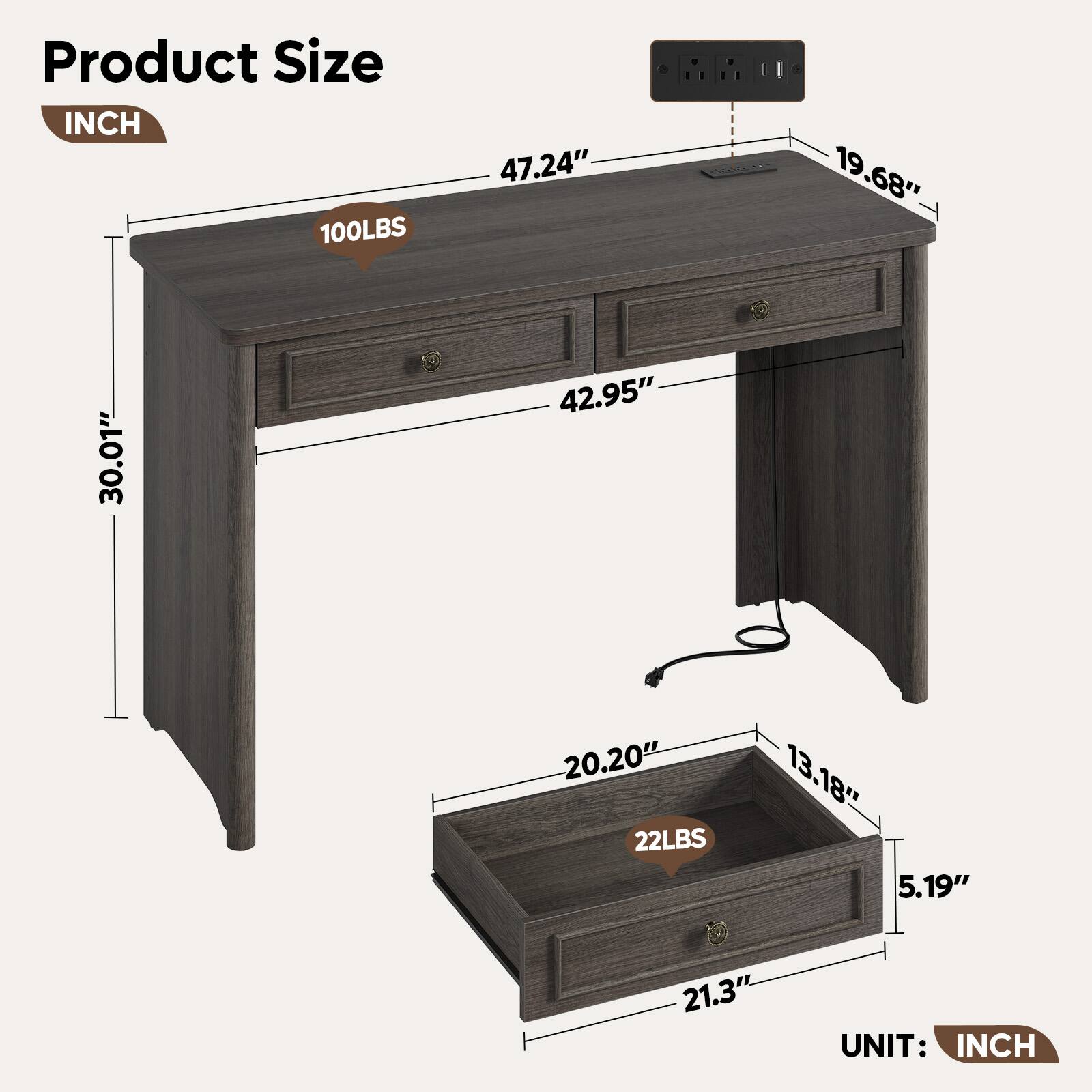 Product Size  
INCH  
47.24"  
19.68"  
30.01"  
42.95"  
20.20"  
13.18"  
5.19"  
21.3"  
UNIT: INCH