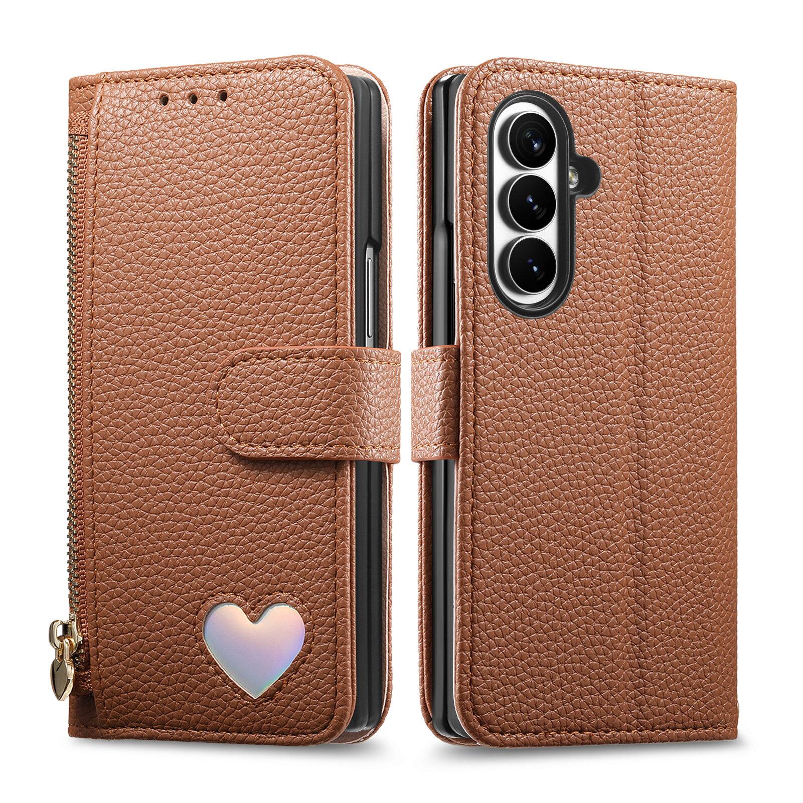 Angle. Dteck - PU Leather Wallet Case for Samsung Galaxy Z Fold8 Ultra with Wrist Strap Zipper Pocket, Protective Folio Kickstand Cover - Brown.