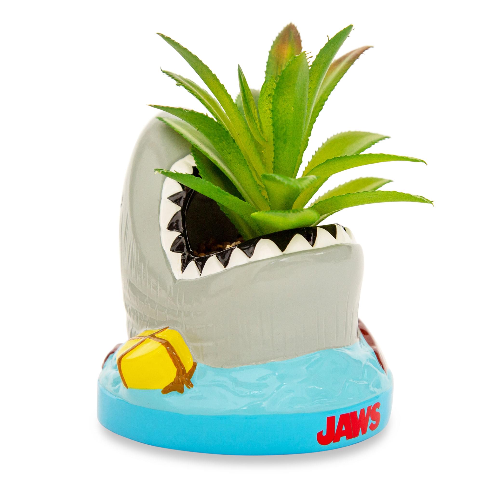 Alt View 1. Silver Buffalo - JAWS Shark 4-Inch Ceramic Mini Planter With Artificial Succulent - Grey.