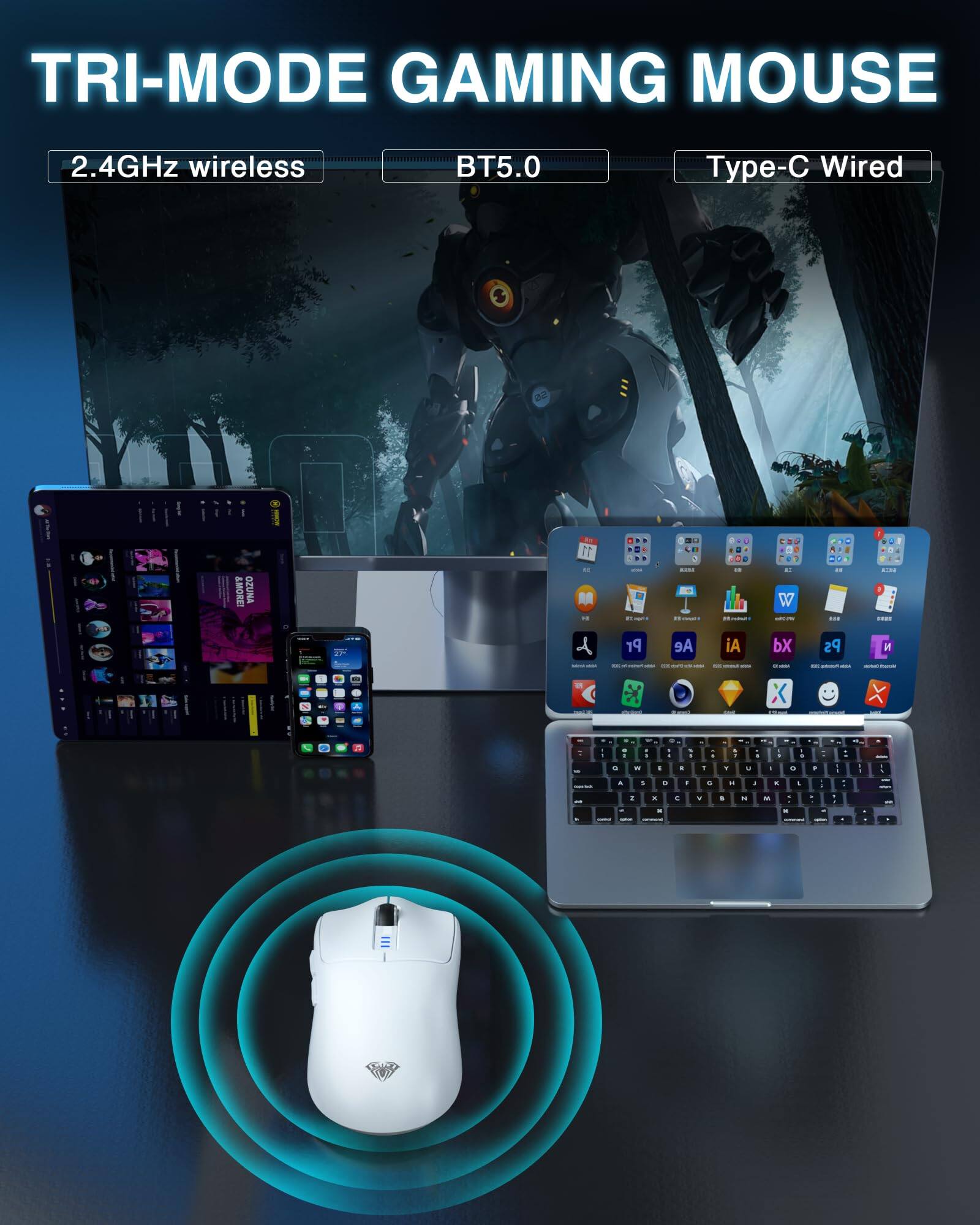 TRI-MODE GAMING MOUSE

2.4GHz wireless  
BT5.0  
Type-C Wired