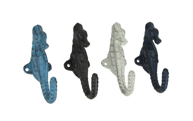 Front. Zeckos - Set of 4 Colorful Coastal Cast Iron Seahorse Decorative Wall Hooks 5 inch - Multicolored.