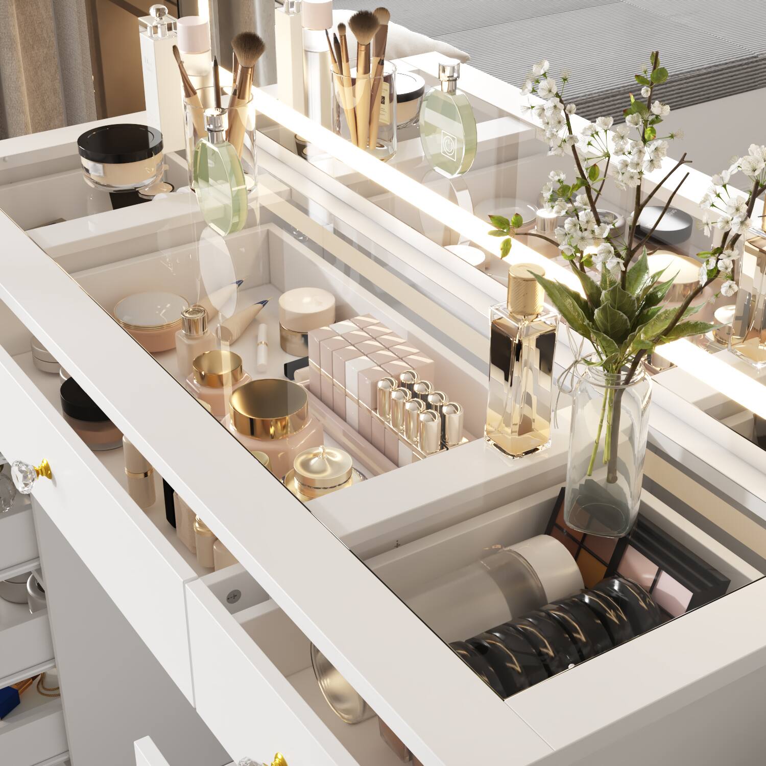 Alt View 8. Famapy - Large  3 - Color Lighting LED Vanity Desk with Oversized Illuminated Mirror Ample Storage Drawers & Crystal Knobs - White.