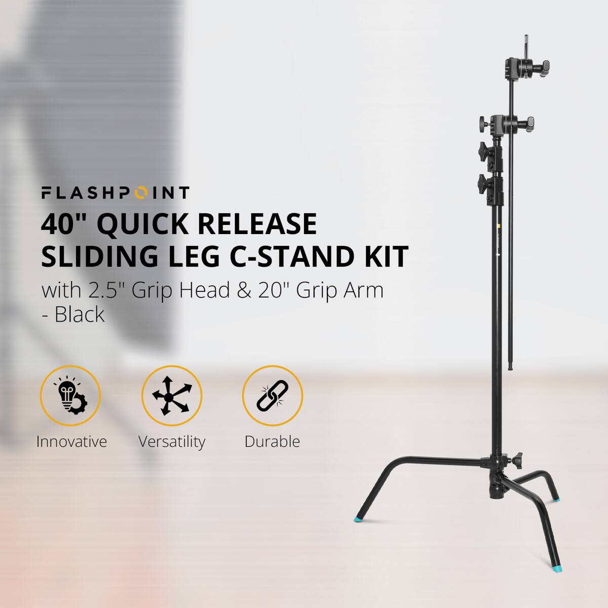 FLASHPOINT  
40" QUICK RELEASE SLIDING LEG C-STAND KIT  
with 2.5" Grip Head & 20" Grip Arm - Black  
Innovative Versatility Durable