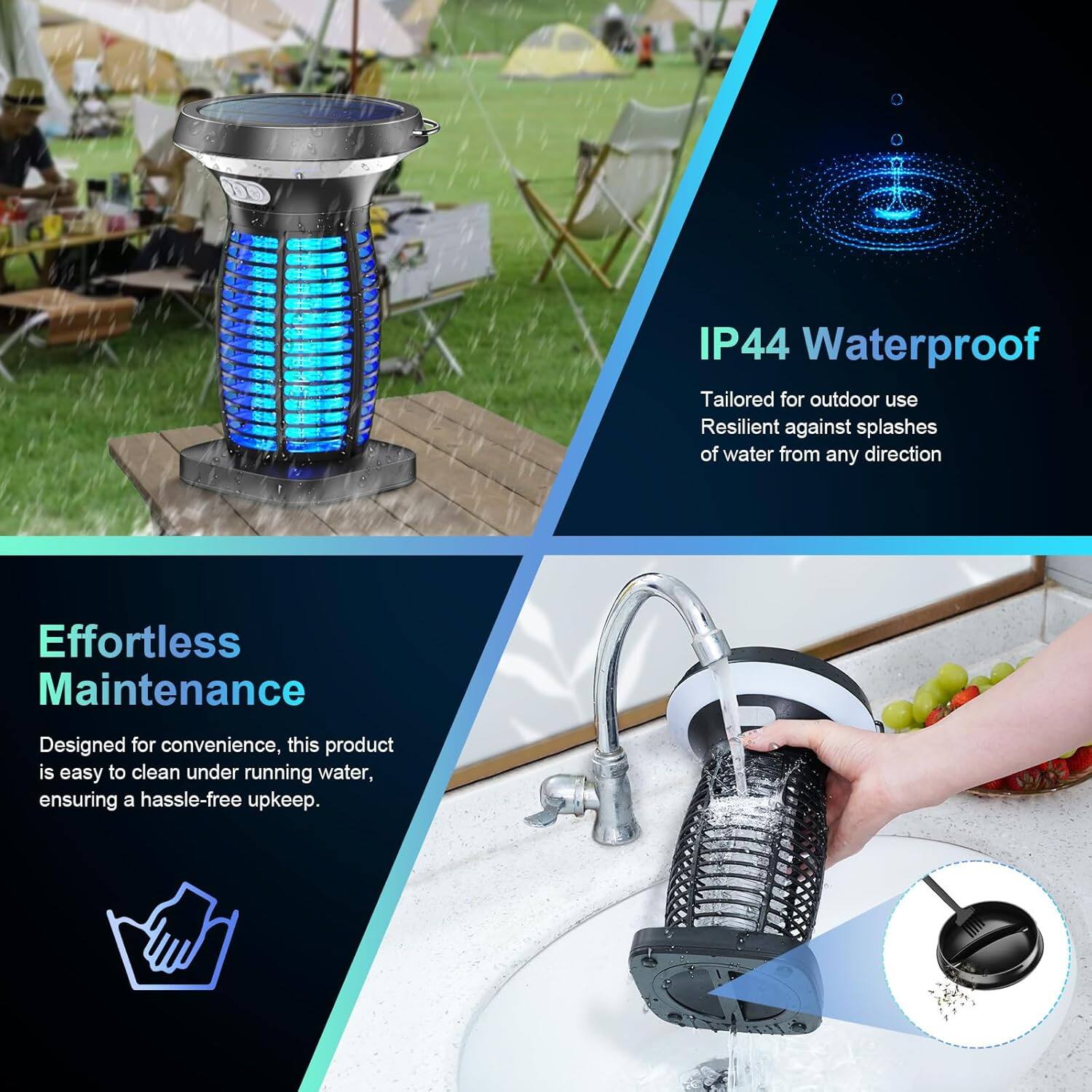 IP44 Waterproof  
Tailored for outdoor use  
Resilient against splashes of water from any direction  

Effortless Maintenance  
Designed for convenience, this product is easy to clean under running water, ensuring a hassle-free upkeep.