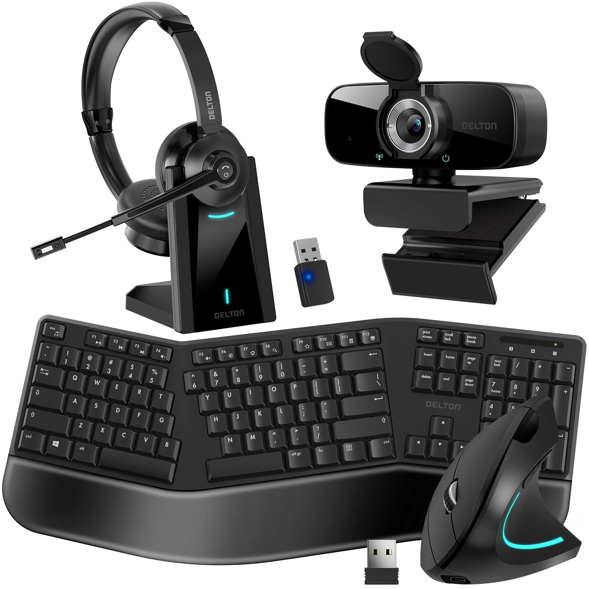 Delton - Ergonomic 35X Wireless Bundle with Keyboard Mouse Bluetooth Headset with Mic and HD 1080p USB Webcam - Black