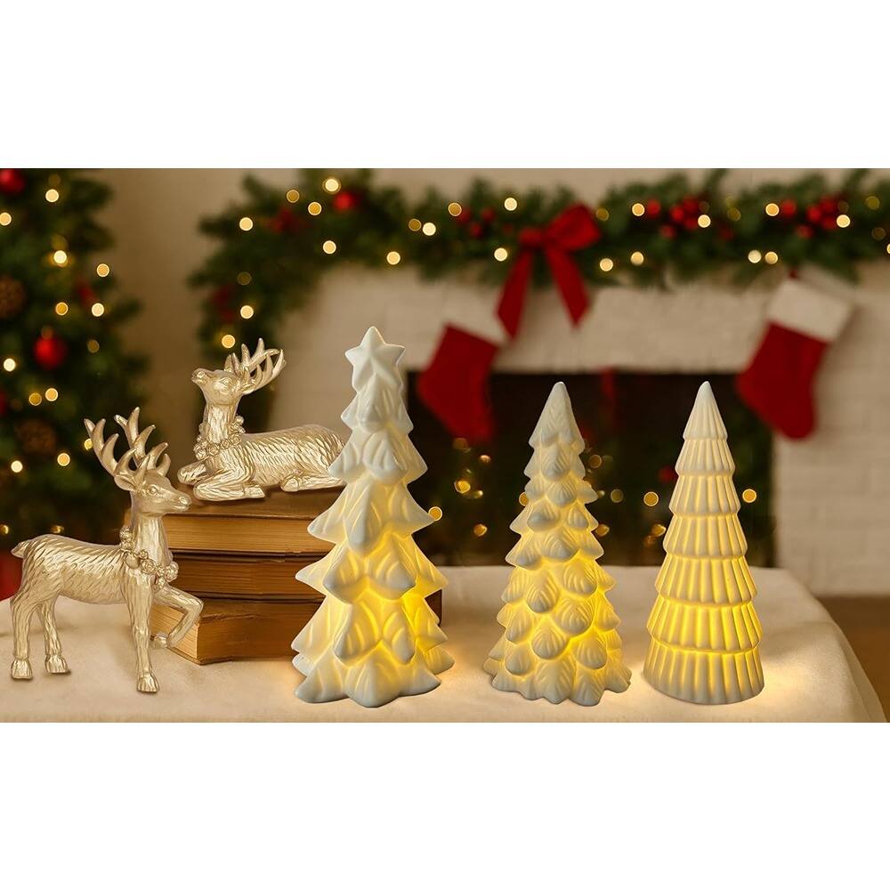 Left. RTMB - 3-Piece Lighted Ceramic Christmas Tree Set for Tabletop, Mantel, Shelf, Fireplace Holiday Decorations - White.