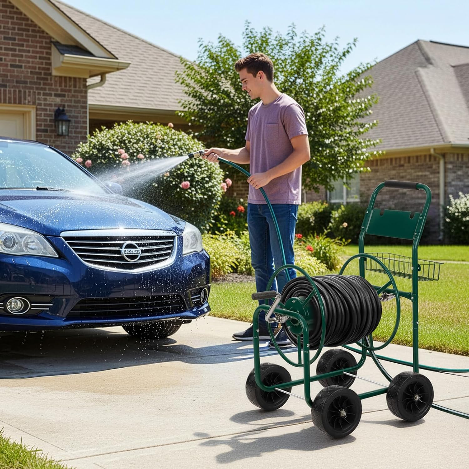 Left. Winado - 300FT 4-Wheel Garden Hose Reel Cart with Storage Basket, Portable Residential Hose Reel Cart, Lawn Watering, for Garden.