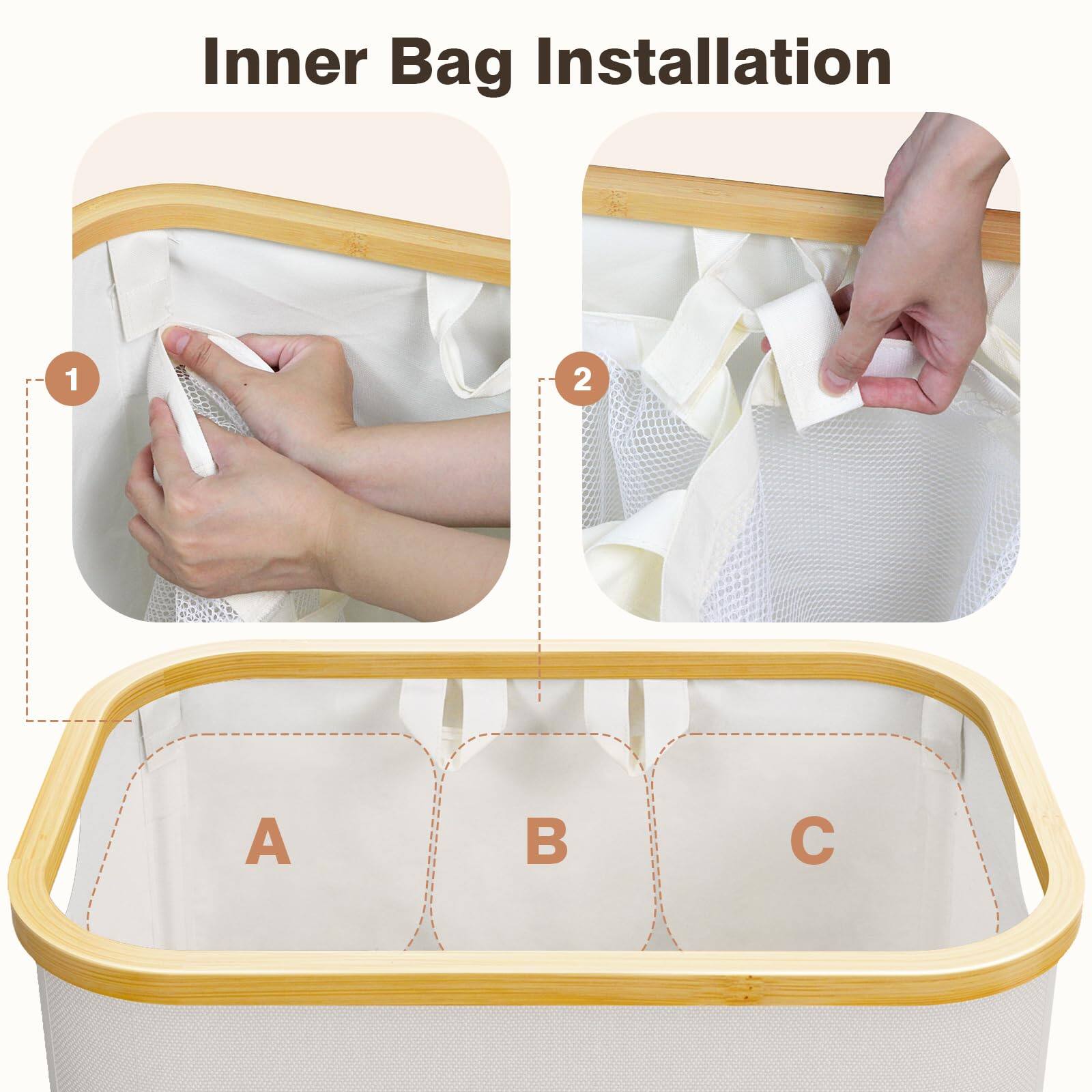Inner Bag Installation

1. Insert the inner bag into the basket.
2. Secure the inner bag in place.

A B C
