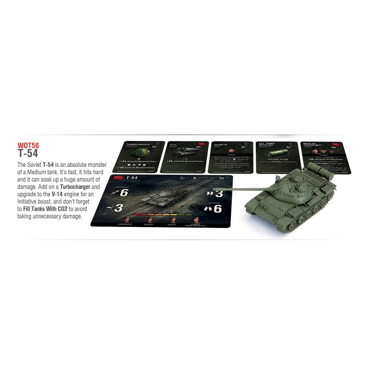 The Soviet T-54 is an absolute monster of a Medium tank. It's fast, it hits hard, and it can soak up a huge amount of damage. Add on a Turbocharger and upgrade to the V-14 engine for an Initiative boost, and don't forget to Fill Tanks With CO2 to avoid taking unnecessary damage.