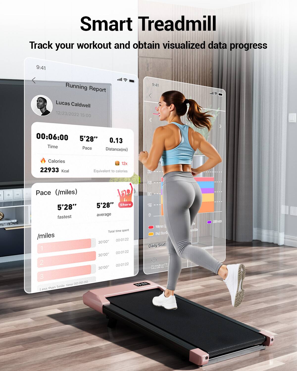 Smart Treadmill  
Track your workout and obtain visualized data progress  

Running Report  
Lucas Caldwell  
12/23/2022 15:00  

00:06:00  
5'28"  
0.13  

Calories  
22933 Kcal  
12x Equivalent to calories  

Pace (/miles)  
5'28"  
fastest  
5'28"  
average  

/miles  
00:01-22  
30'00"  
00:01-22  
30'00"  
00:01-22  
30'00"  
Less than 1mile time 00:00.00  

Daily Stat:  
1  
2  
3  

Total time spent  
00:01:22  

Share