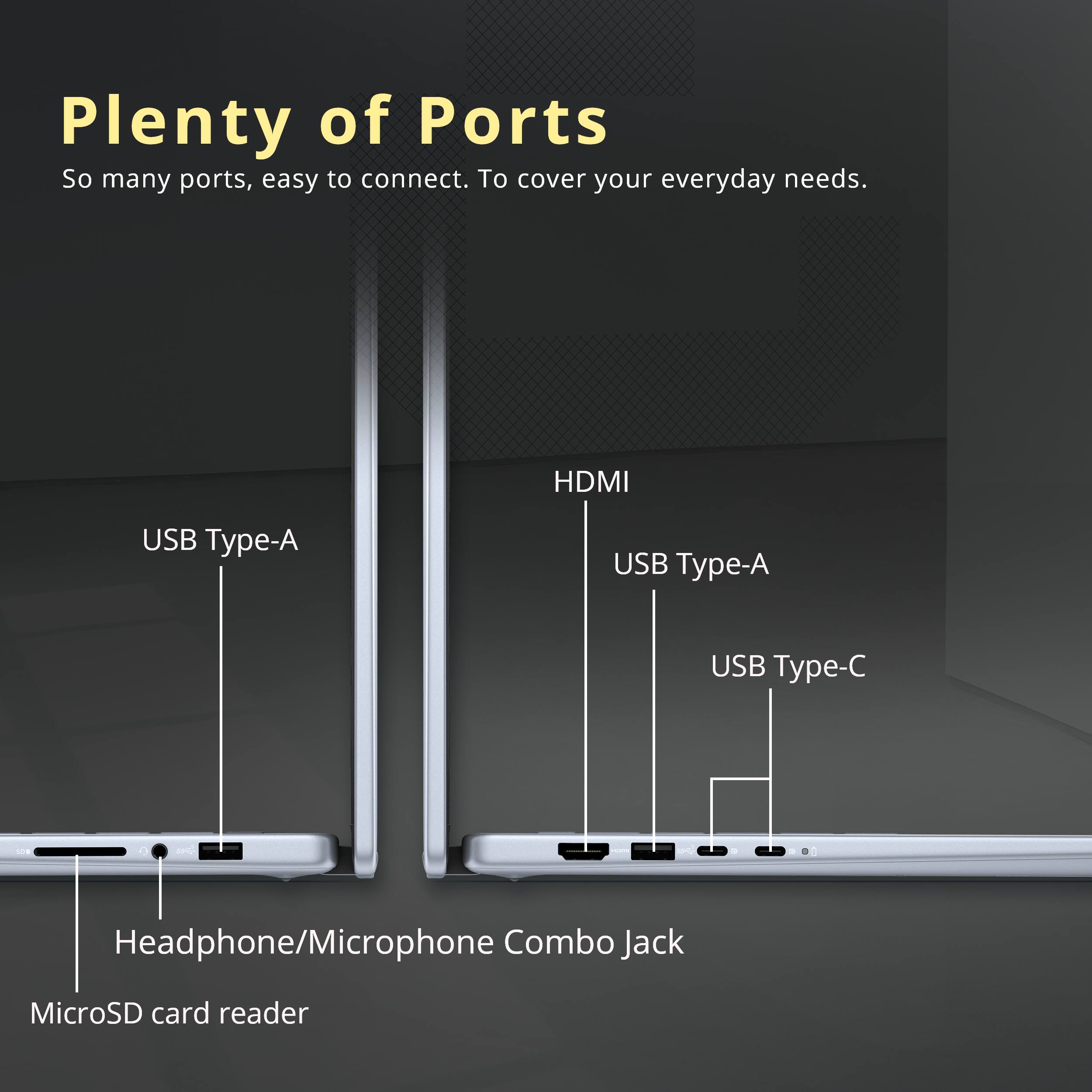 Plenty of Ports

So many ports, easy to connect. To cover your everyday needs.

- HDMI
- USB Type-A
- USB Type-A
- USB Type-C
- Headphone/Microphone Combo Jack
- MicroSD card reader