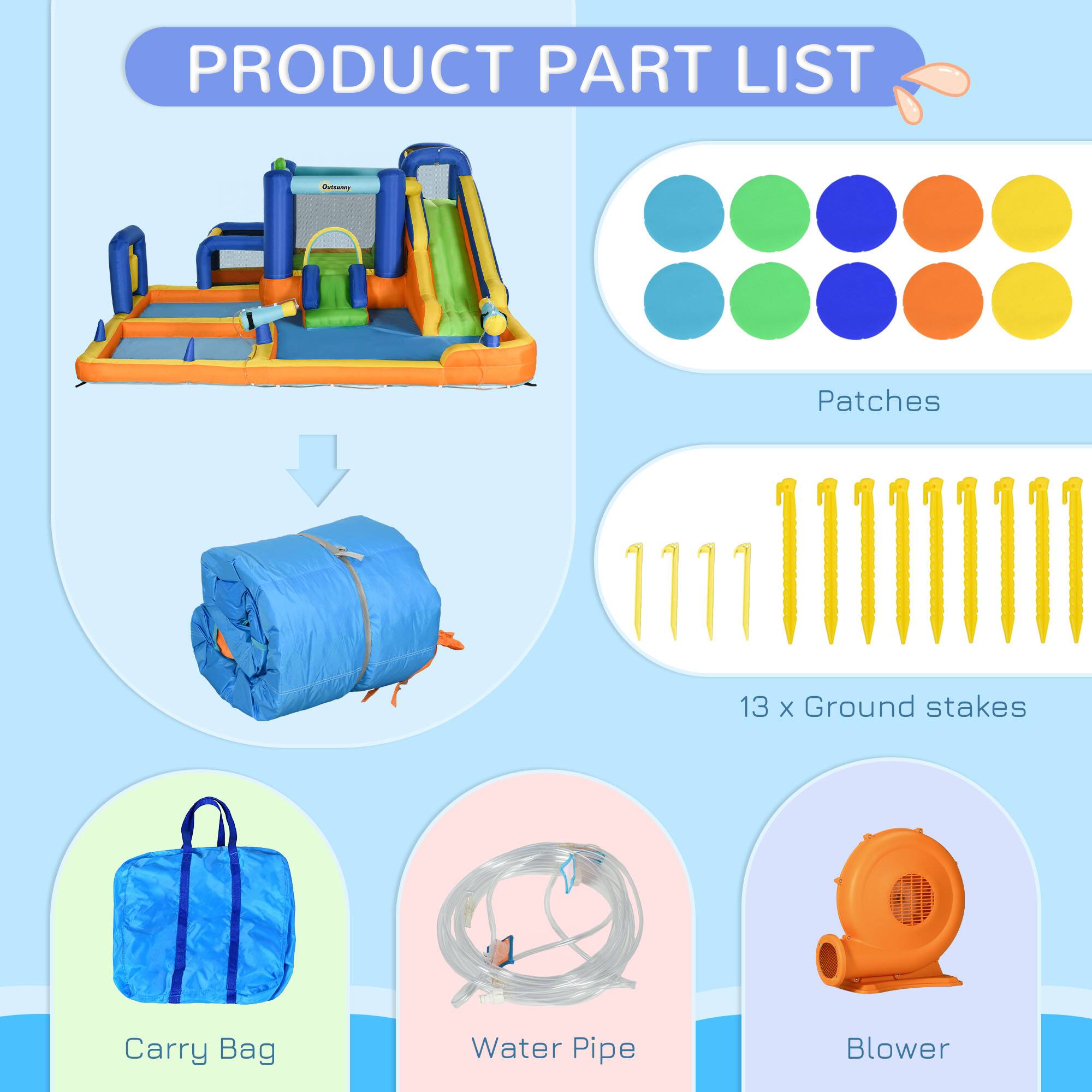 PRODUCT PART LIST

- Patches
- 13 x Ground stakes
- Carry Bag
- Water Pipe
- Blower