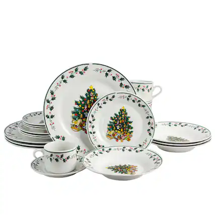 Front. Gibson - Gibson Home 20 Piece Ceramic Christmas Tree Trimming Dinnerware Set - White and Multi.