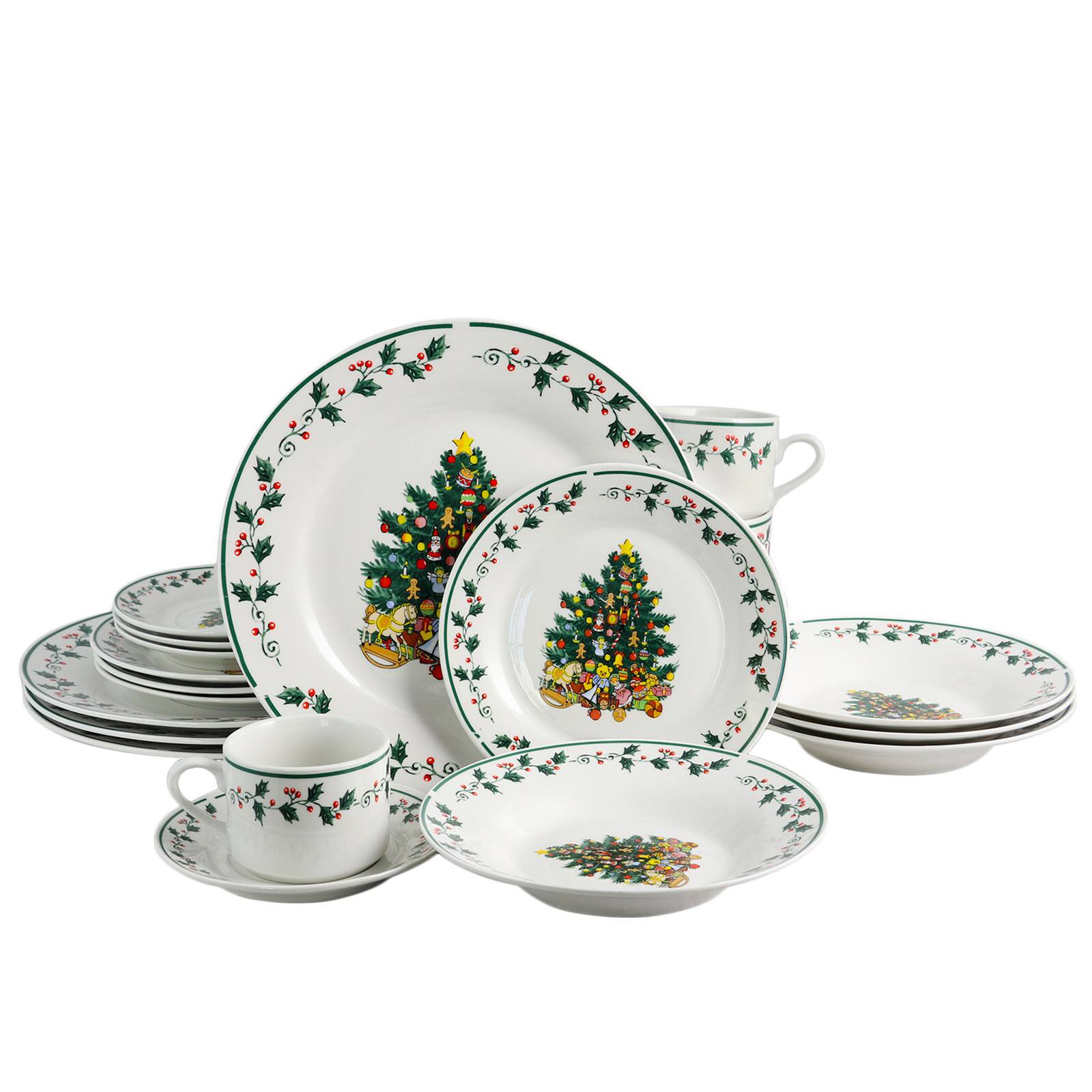 Gibson - Home 20 Piece Ceramic Christmas Tree Trimming Dinnerware Set - White and Multi
