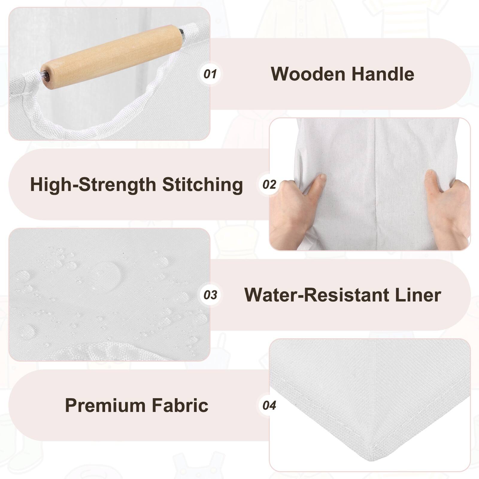 01 Wooden Handle  
02 High-Strength Stitching  
03 Water-Resistant Liner  
04 Premium Fabric