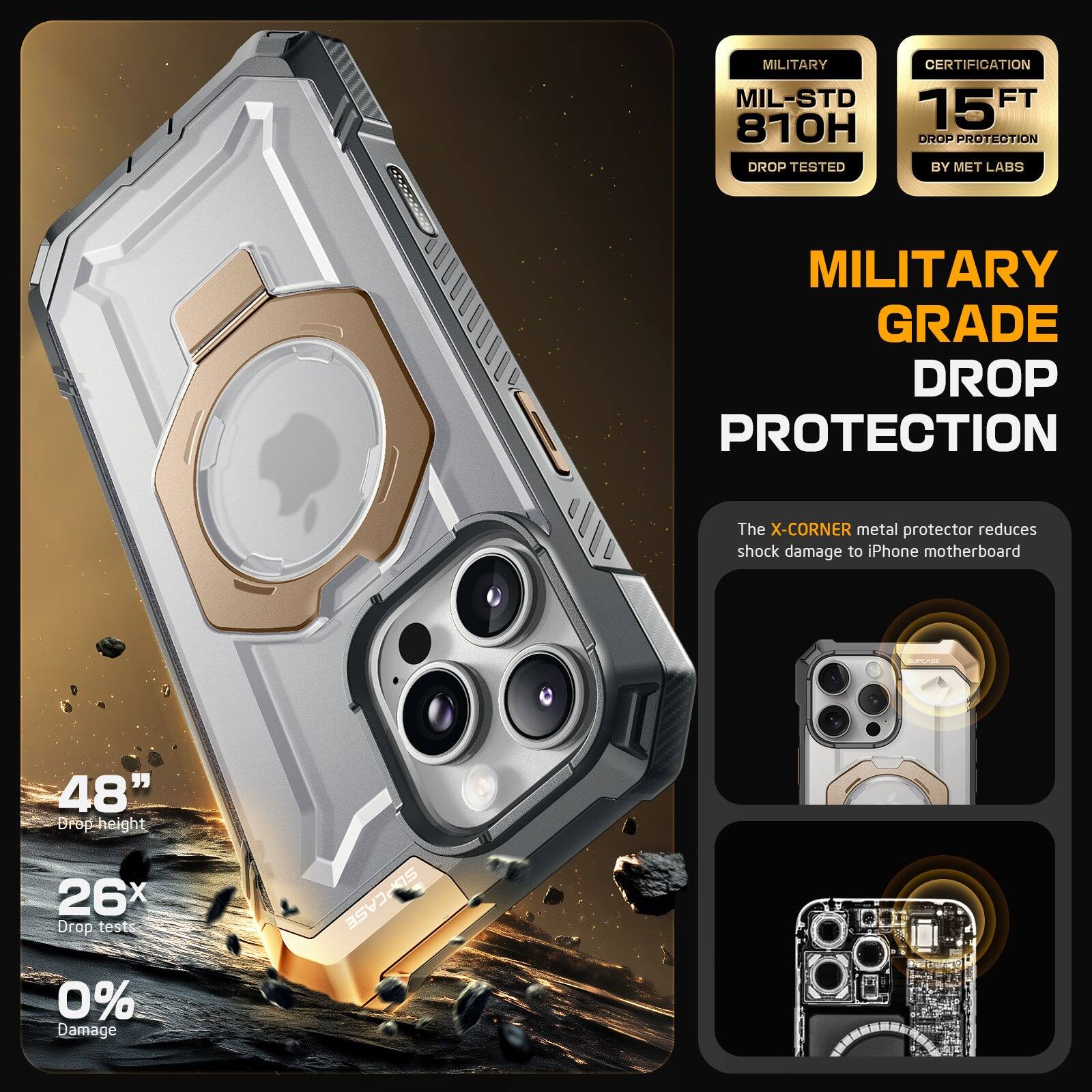MILITARY MIL-STD 810H DROP TESTED
CERTIFICATION 15 FT DROP PROTECTION BY MET LABS
MILITARY GRADE DROP PROTECTION
The X-CORNER metal protector reduces shock damage to iPhone motherboard
48" Drop-height
26x Drop tests
0% Damage
SEPCASE