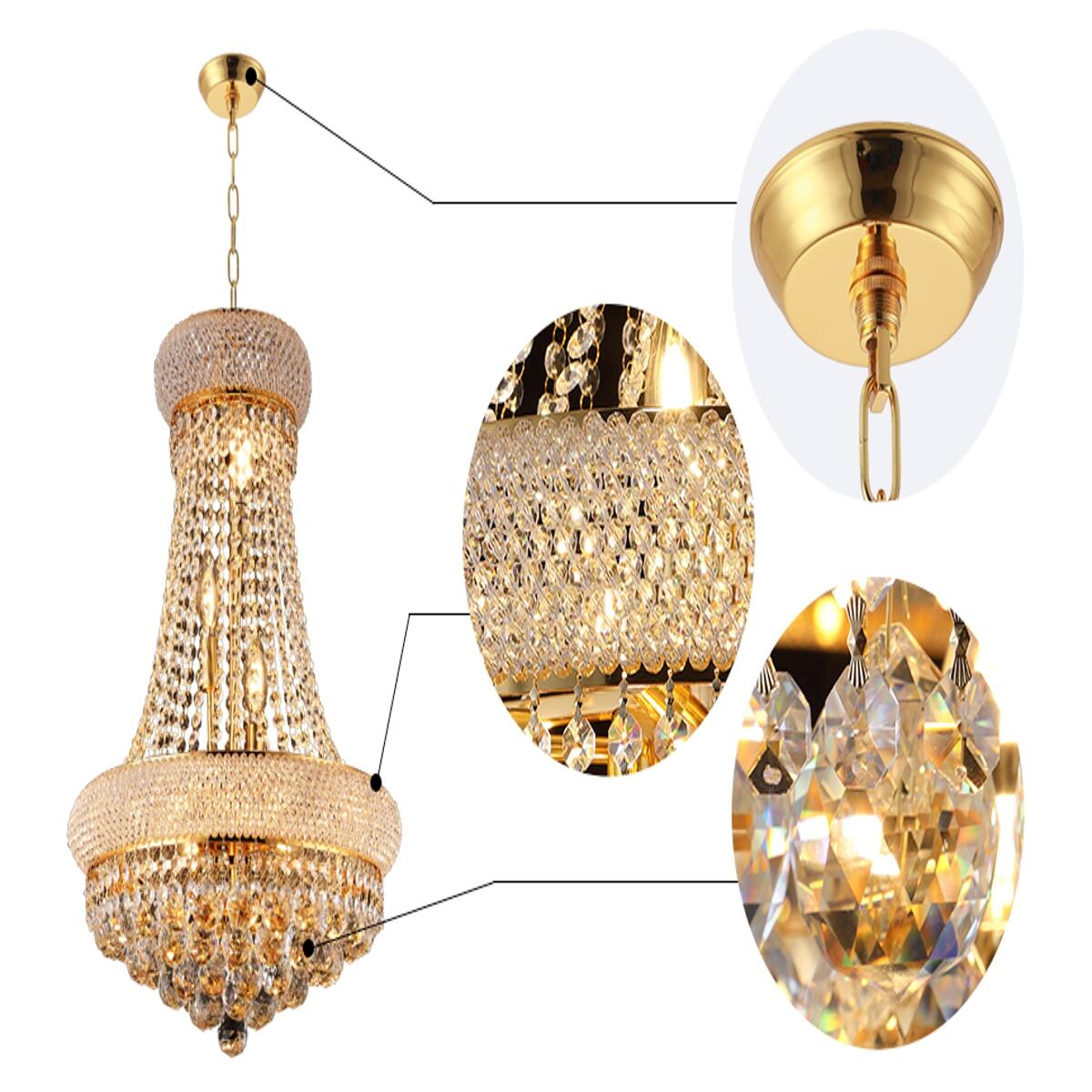 Left. Loheer - Loheer 18 inch Gold Crystal Chandelier, French Empire Ceiling Light with LED Bulbs for Dining Room.