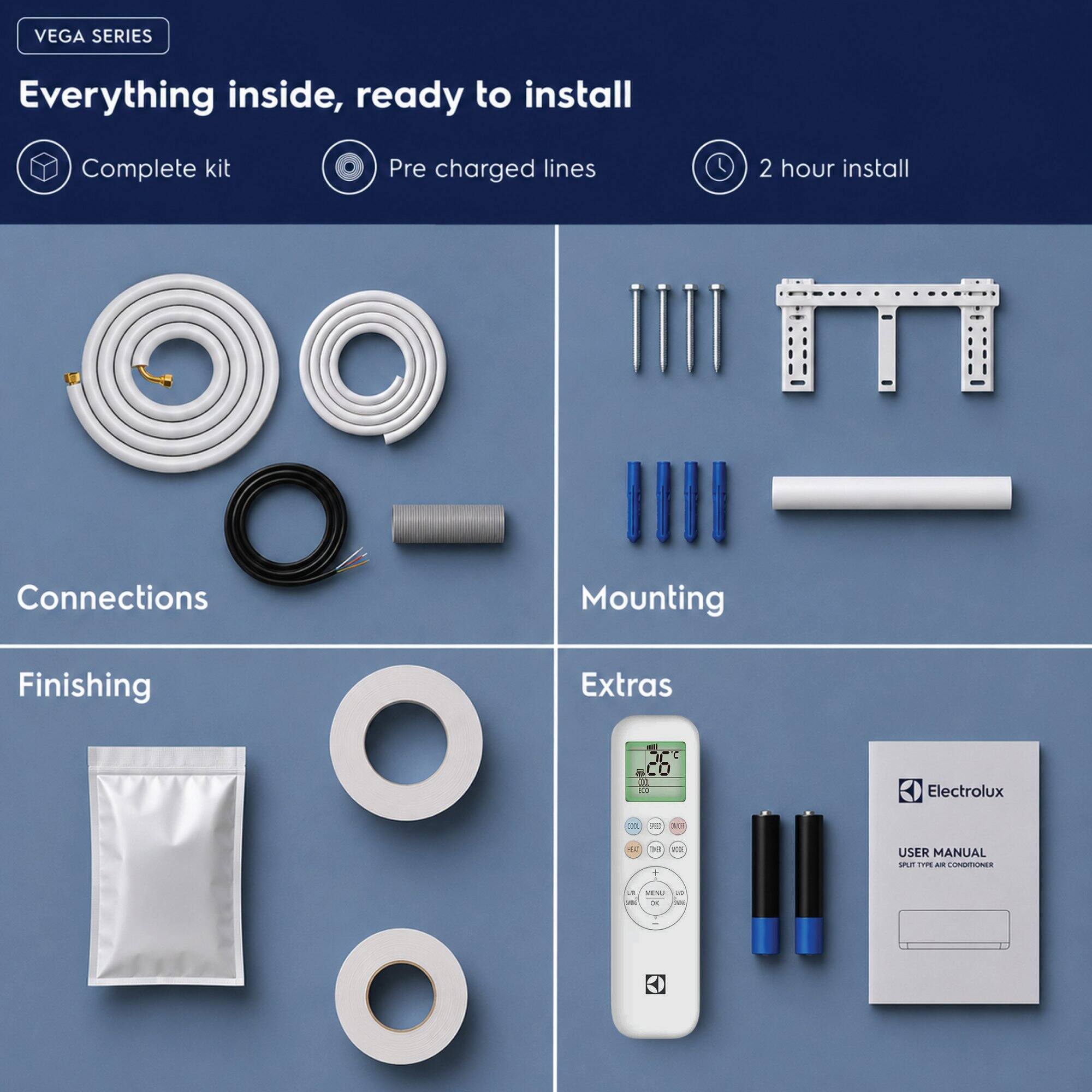 VEGA SERIES

Everything inside, ready to install

Complete kit
Pre charged lines
2 hour install

Connections
Mounting
Finishing
Extras

Electrolux
USER MANUAL