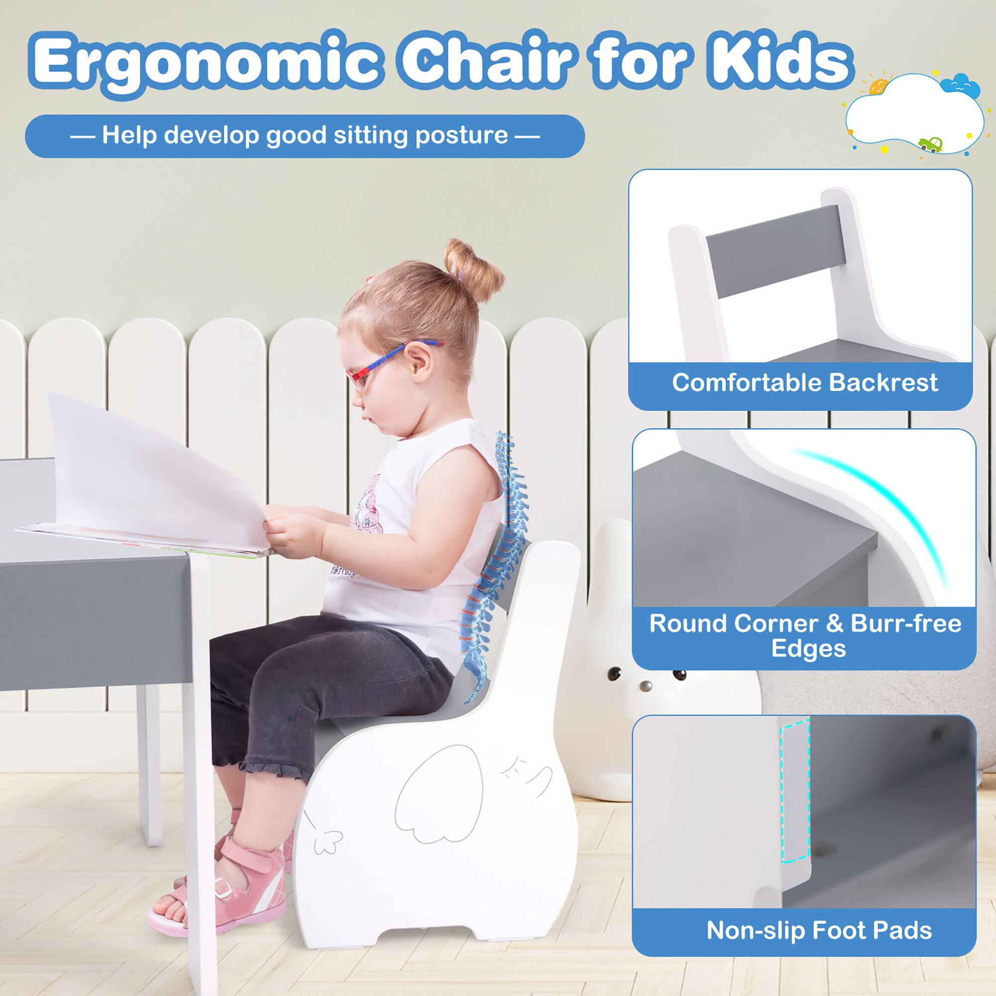 Ergonomic Chair for Kids  
— Help develop good sitting posture —  

Comfortable Backrest  
Round Corner & Burr-free Edges  
Non-slip Foot Pads