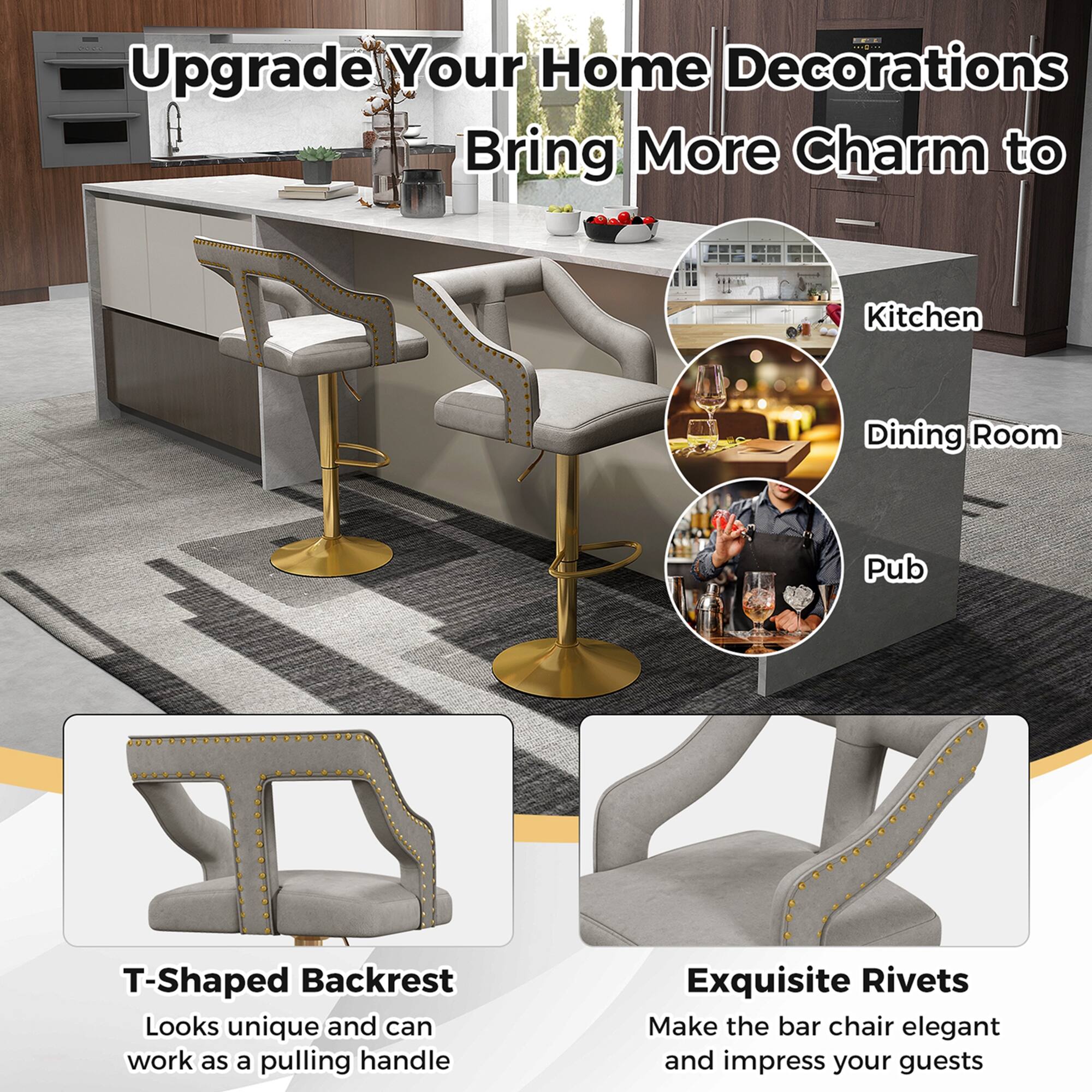 Upgrade Your Home Decorations Bring More Charm to Kitchen Dining Room Pub T-Shaped Backrest Looks unique and can work as a pulling handle Exquisite Rivets Make the bar chair elegant and impress your guests