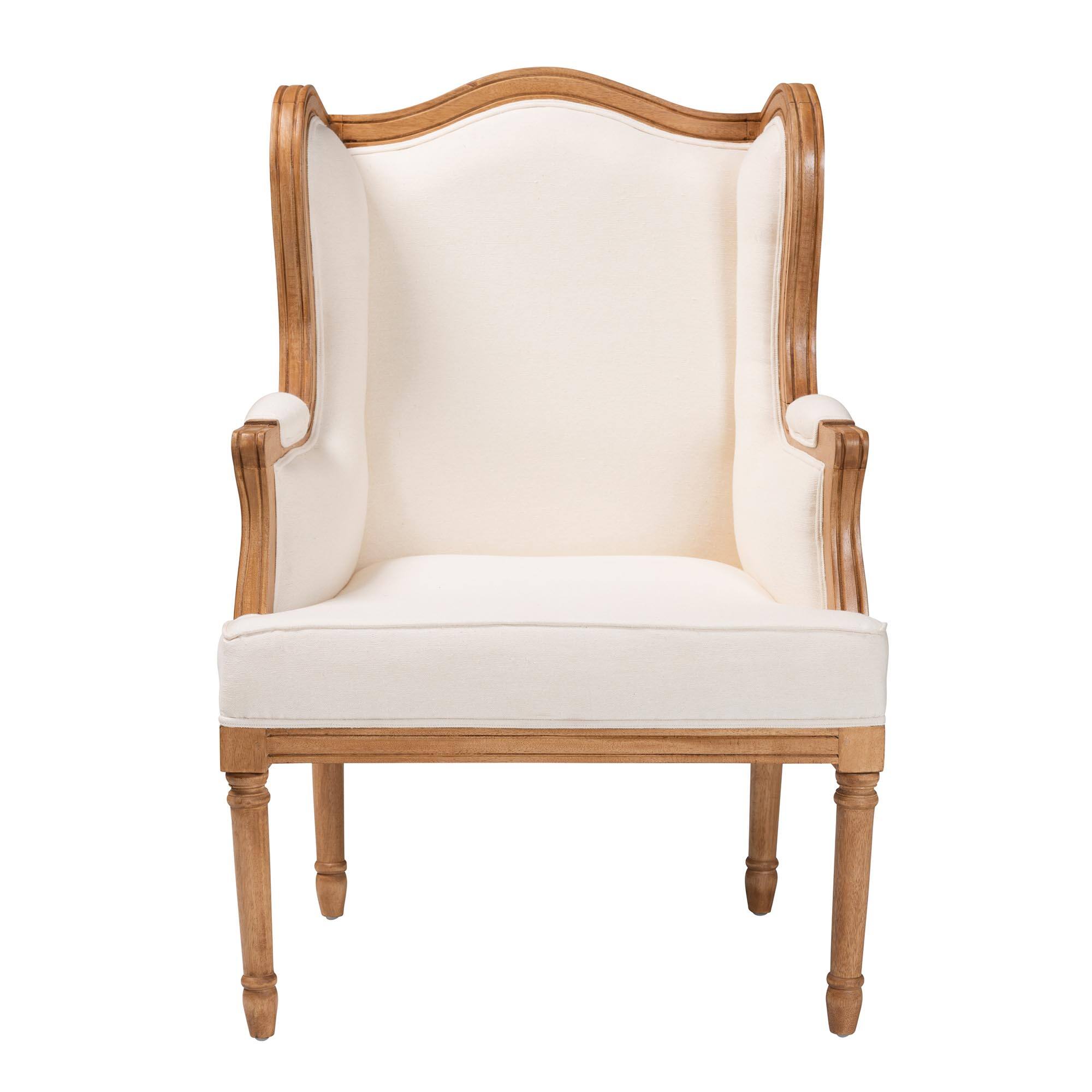 Angle. bali & pari - Rachana Traditional French Fabric and Honey Oak Finished Wood Accent Chair - Beige/Honey Oak.