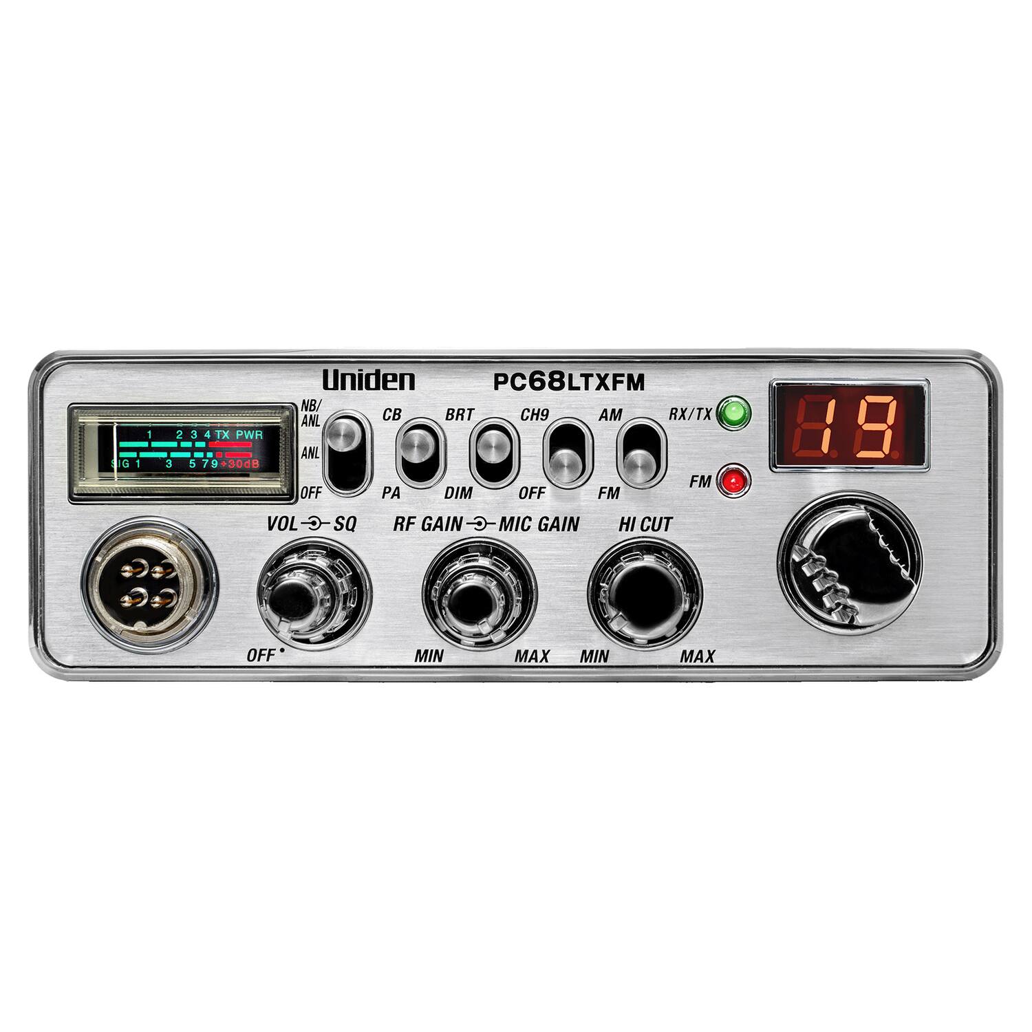 G 1 1 Uniden PC68LTXFM NB/ ANL CB BRT CH9 AM RX/TX 2 234TX 3 4 TX PWR - - ANL 3 5 7 3 0-30dB FM OFF PA DIM OFF FM VOL SQ RF GAIN MIC GAIN HI CUT 8.8 OFF MIN MAX MIN MAX