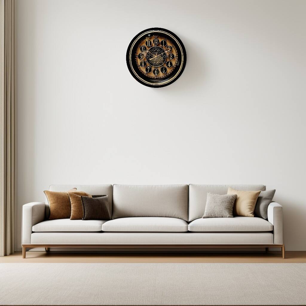 Angle. FC Design - 16"H Metallic Gold on Black Vintage Transparent Round Wall Clock - Multicolor.