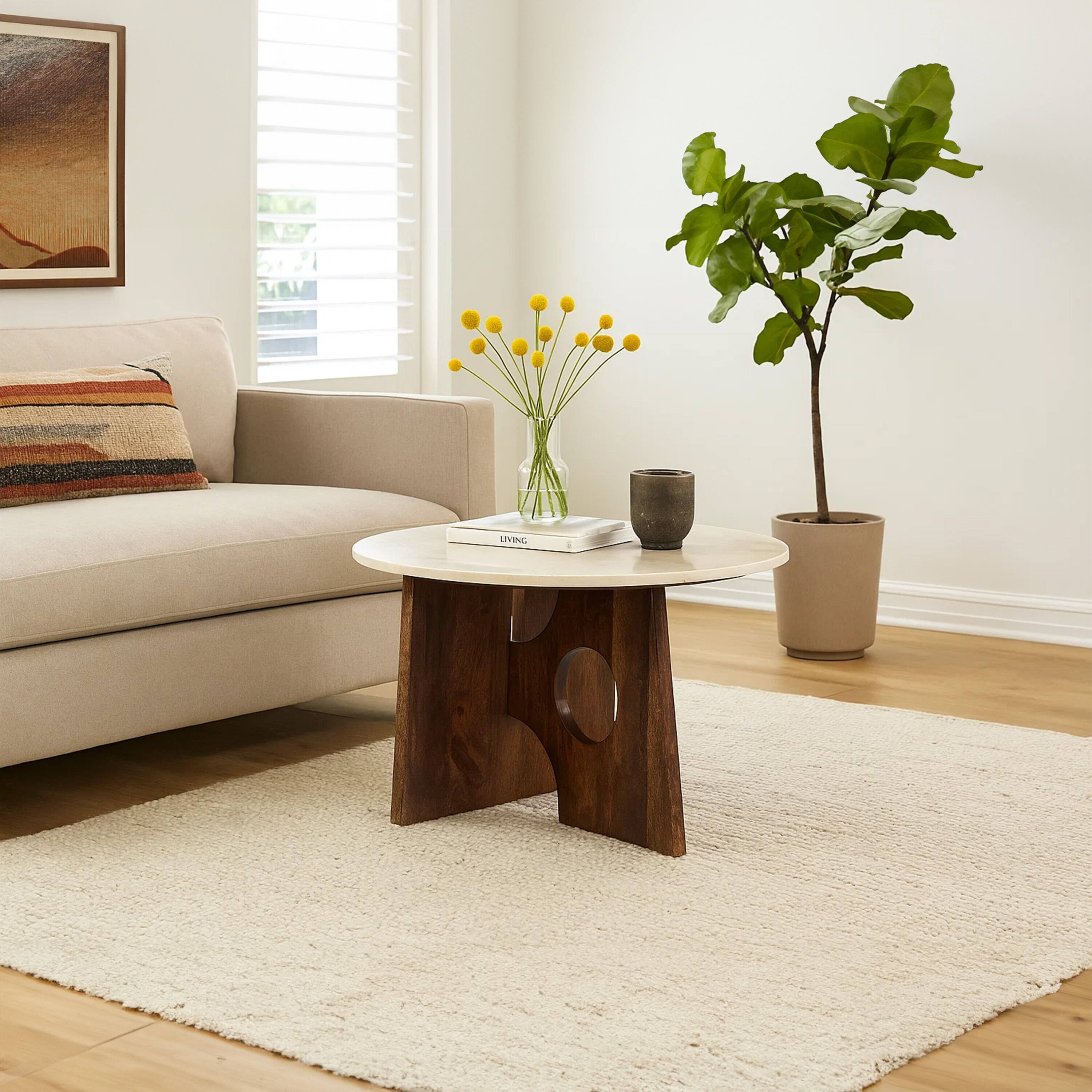Alt View 6. Manhattan Lane - Kali Coffee Table, 27" Natural Round Marble Tabletop, Mango Wood Sculptural Base - Brown, White.