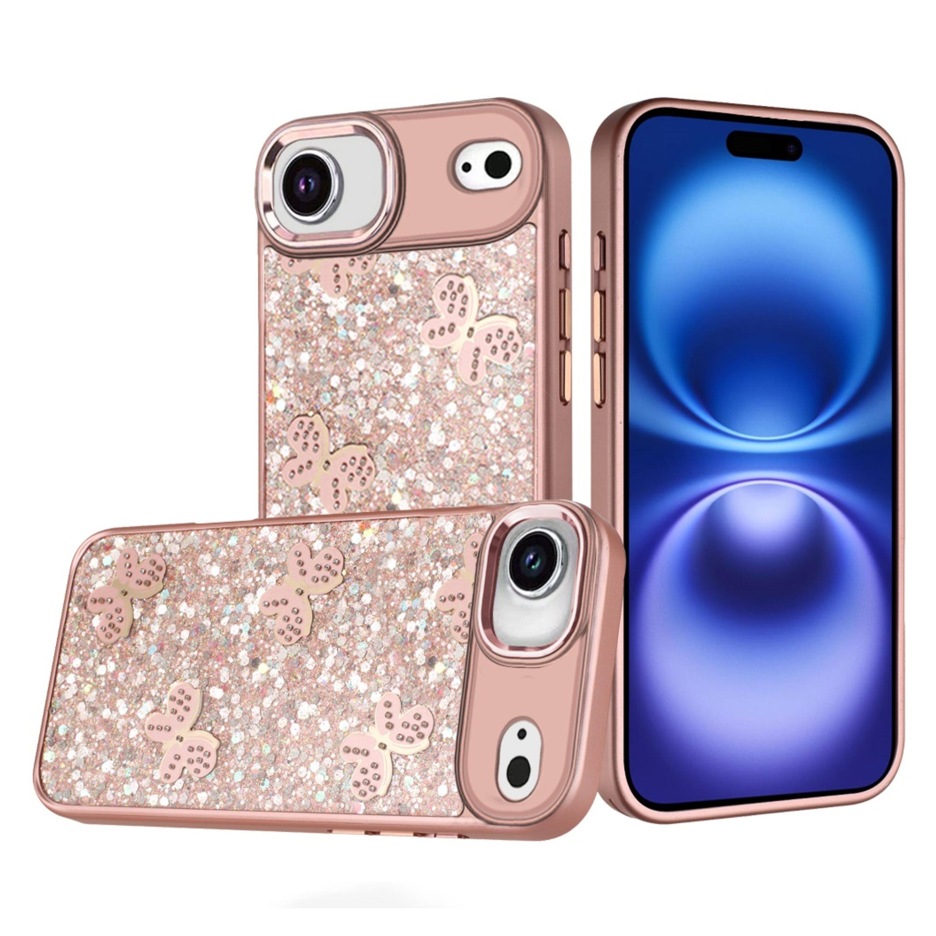 Angle. Kitcheniva - Full Glitter Flakes Butterflies Design Phone Case With Tempered Glass For iPhone Air Rose Gold - Rose Gold.