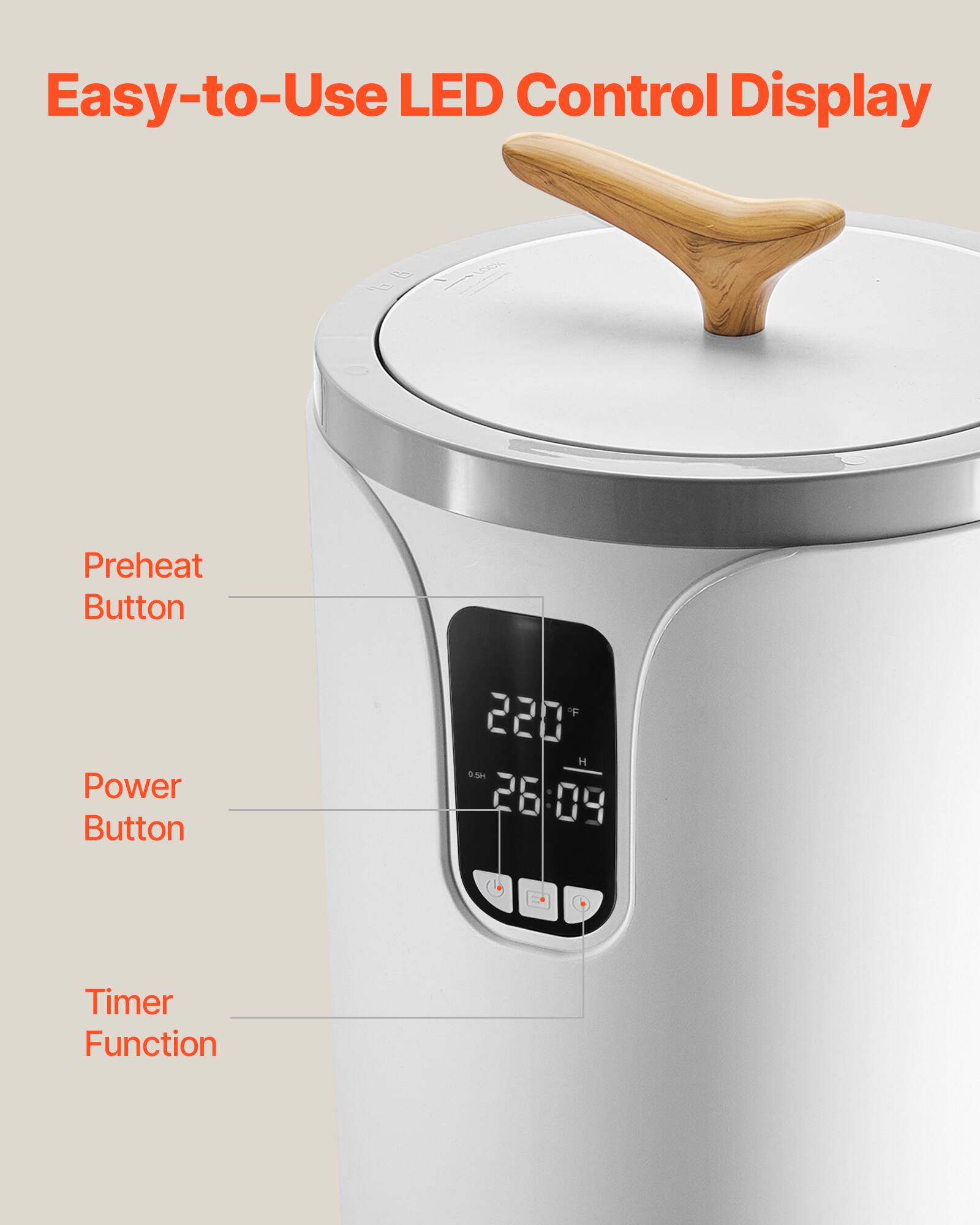 Easy-to-Use LED Control Display

- Preheat Button
- Power Button
- Timer Function

220°F  
26:09