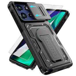 Dteck - Rugged Stand Case for Motorola G Stylus 5G (2025),Shockproof Heavy Duty Cover With Sliding Lens Cover+Tempered Glass - Black