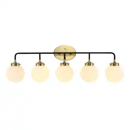 Jonathan Y - Caleb 38" 5-Light Contemporary Transitional Iron/Glass LED Vanity Light, /White - Brass Gold/Black