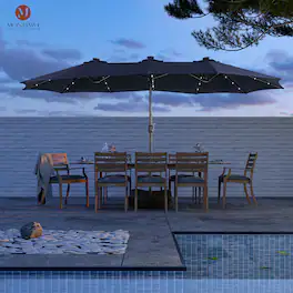 Mondawe - 15ft Patio Maket Umbrella Solar Energy LED Double-sided umbrella with crank & base - Navy Blue