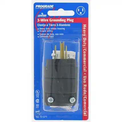 PROGRADE QUALITY
LEVITON 3-Wire Grounding Plug
Clavija a Tierra 3-Alambres
Heavy duty rubber housing
Simple wiring
Cuerpo de hule, uso rudo
Cableado Facil
Heavy Duty/Commercial
Uso Rudo/Comercial
No. 515PR
UL LISTED PLUS
NOM 057
ANCE