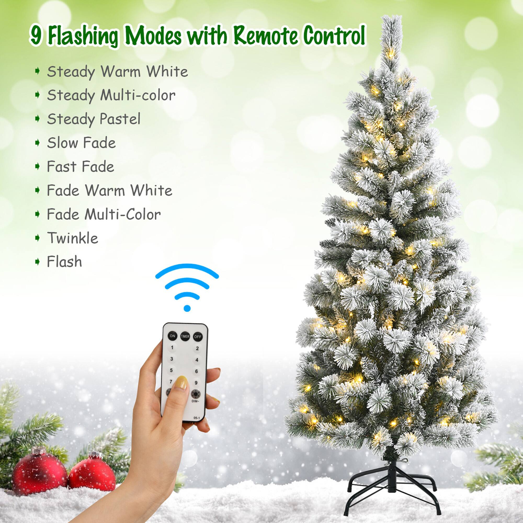 9 Flashing Modes with Remote Control

- Steady Warm White
- Steady Multi-color
- Steady Pastel
- Slow Fade
- Fast Fade
- Fade Warm White
- Fade Multi-Color
- Twinkle
- Flash
