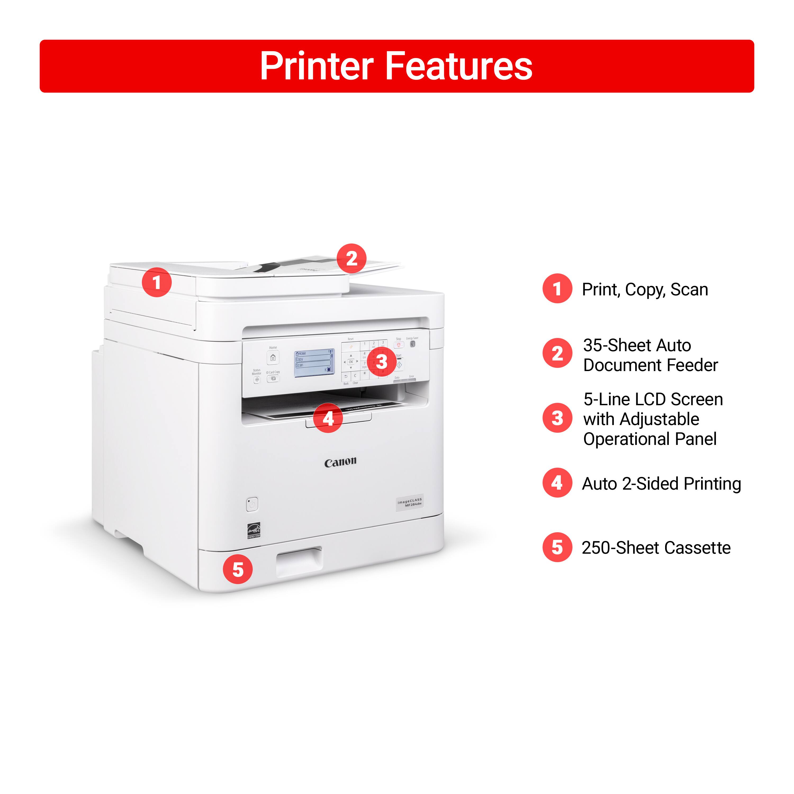 Printer Features:

1. Print, Copy, Scan
2. 35-Sheet Auto Document Feeder
3. Canon 5-Line LCD Screen
4. with Adjustable Operational Panel
5. Auto 2-Sided Printing
6. 250-Sheet Cassette