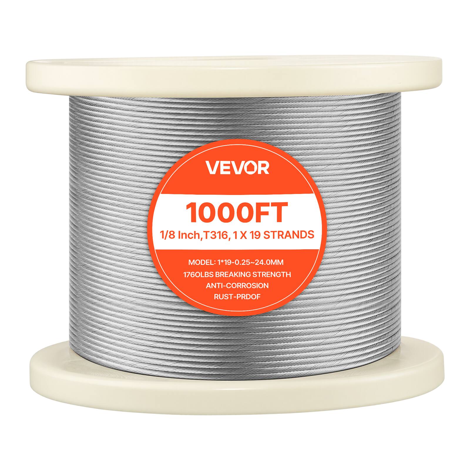 VEVOR 1000FT 1/8 Inch, T316, 1X 19 STRANDS  
MODEL: 119-0.25-24.0MM  
1760LBS BREAKING STRENGTH  
ANTI-CORROSION RUST-PROOF