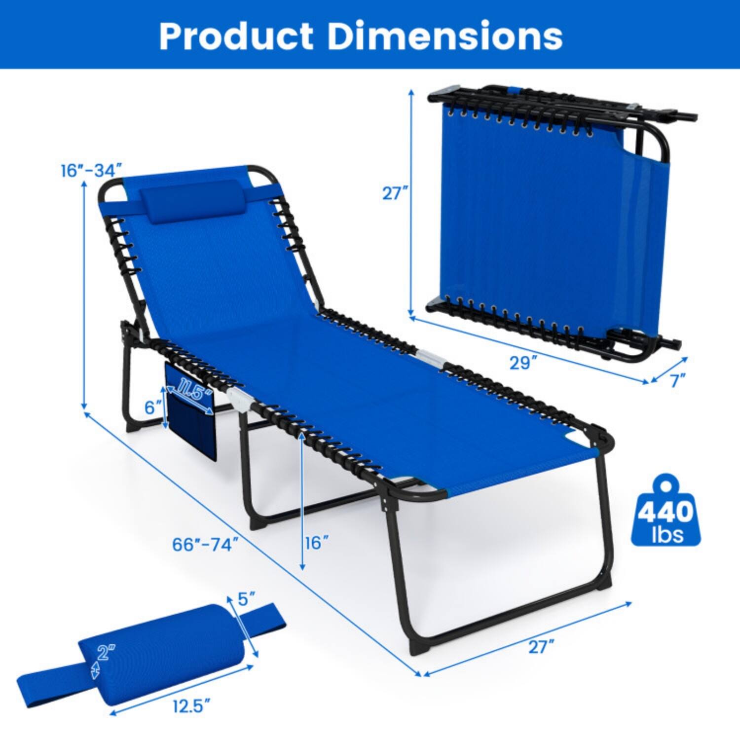 Product Dimensions:  
- 16"-34"  
- 27"  
- 11.5"  
- 6"  
- 29"  
- 7"  
- 66"-74"  
- 16"  
- 440 lbs  
- 5"  
- 2"  
- 27"  
- 12.5"