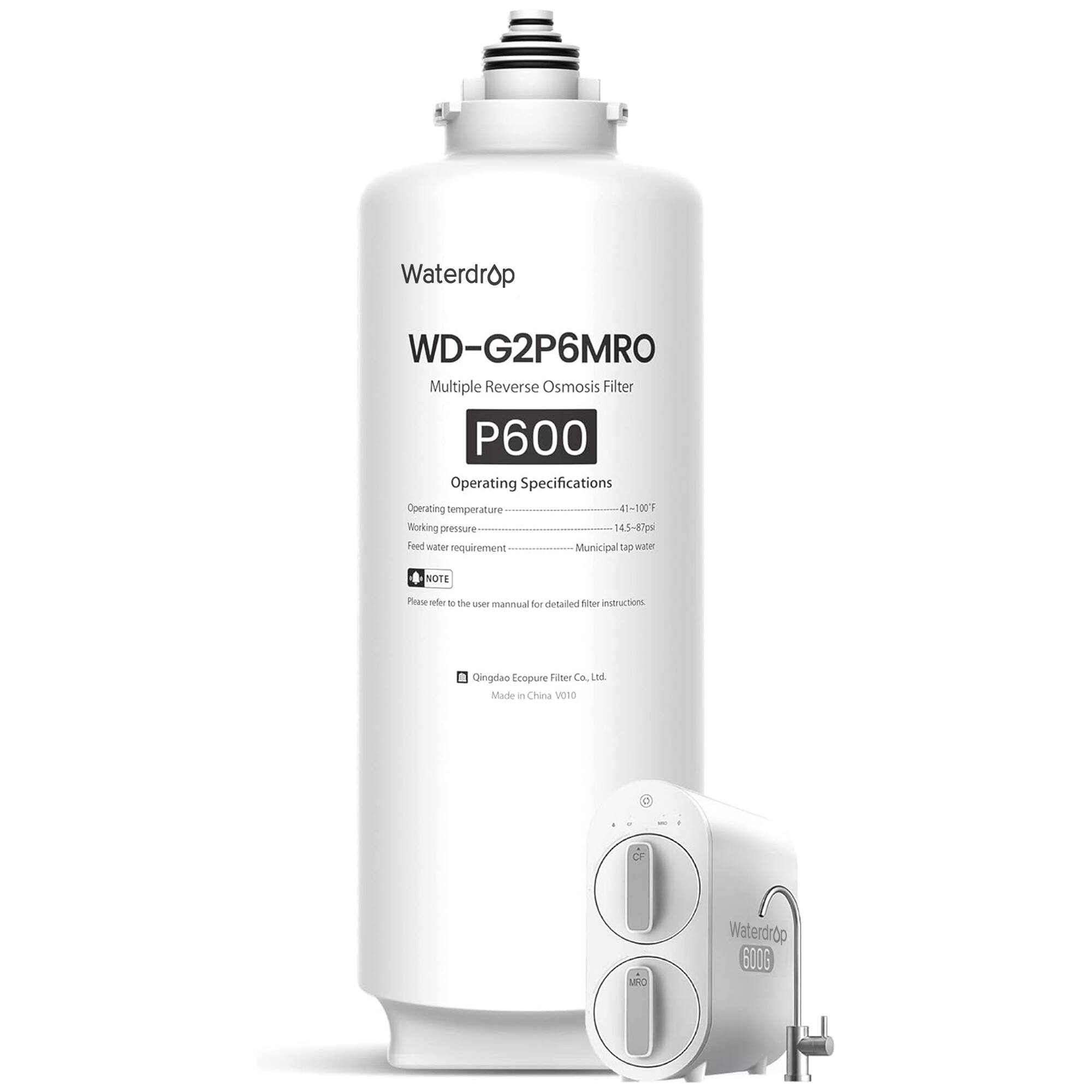 Waterdrop - WD-G2P600-RO Filter, Replacement for WD-G2P600-W Reverse Osmosis System, 2-year Lifetime, Reduce PFAS - White