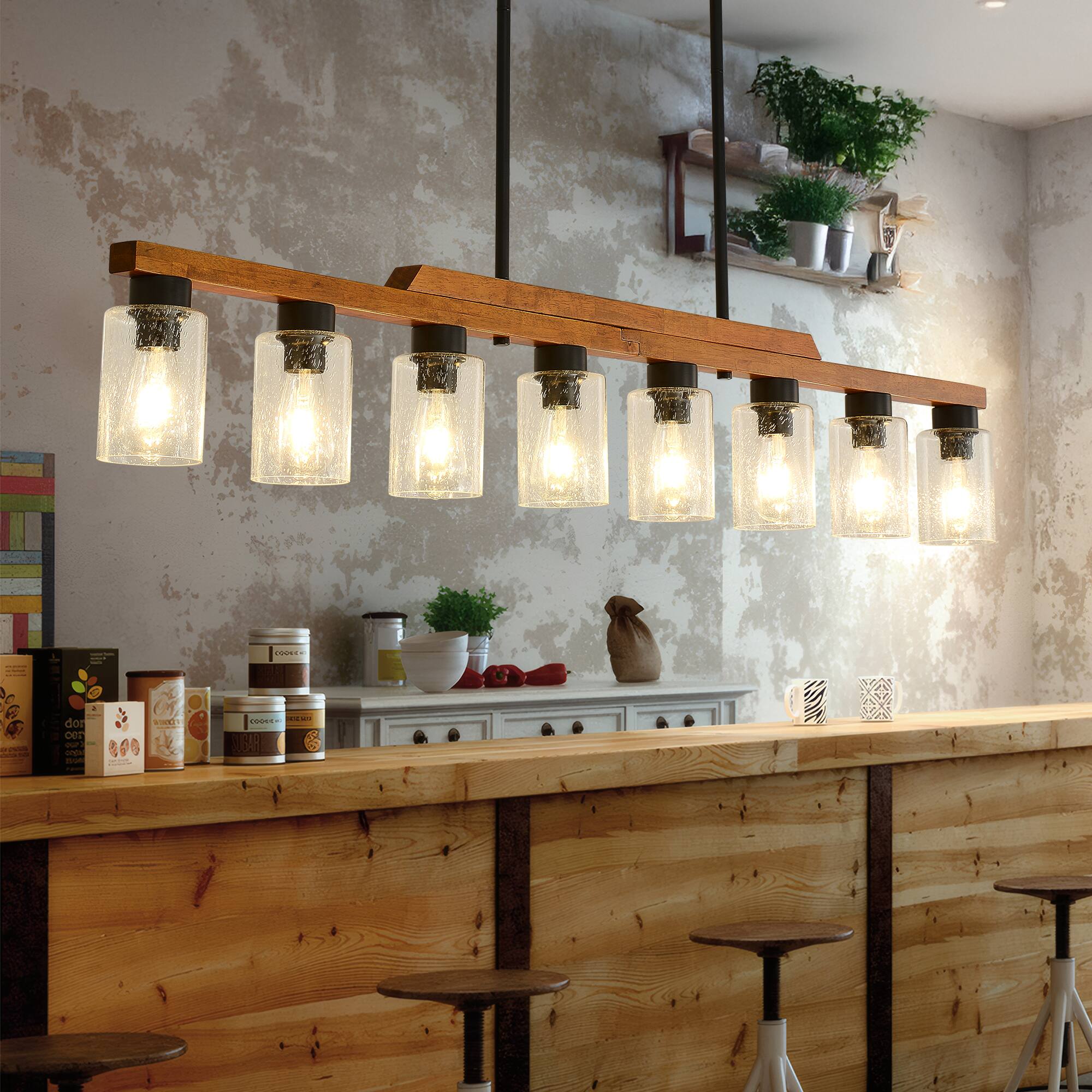 RYHNUYNE - 8-Light Rustic Chandelier, 59 Inch Wood Linear Pendant Light with Seed Glass Shades Adjustable Farmhouse Island Lighting